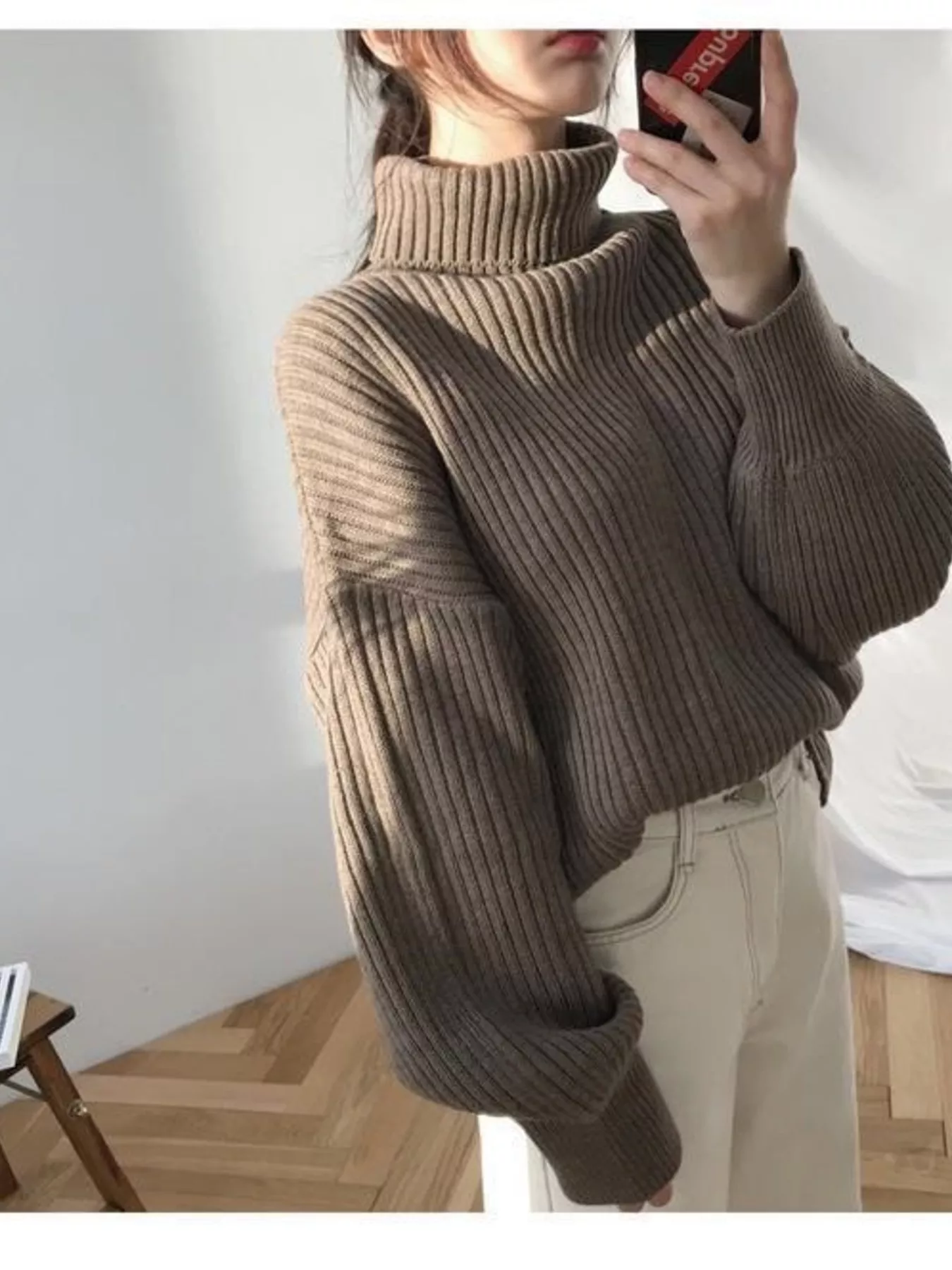 Full Size Oversized Turtleneck Ribbed Knit Sweater Plus Size - Image 3