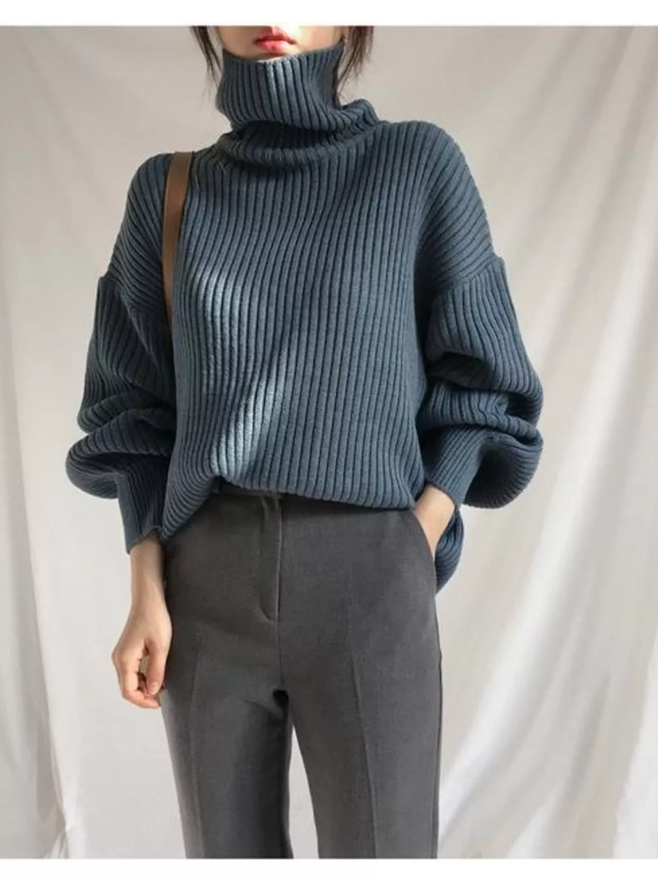 Full Size Oversized Turtleneck Ribbed Knit Sweater Plus Size - Image 5