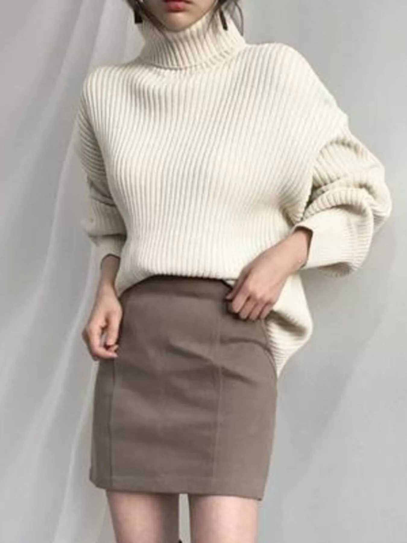 Full Size Oversized Turtleneck Ribbed Knit Sweater Plus Size - Image 9