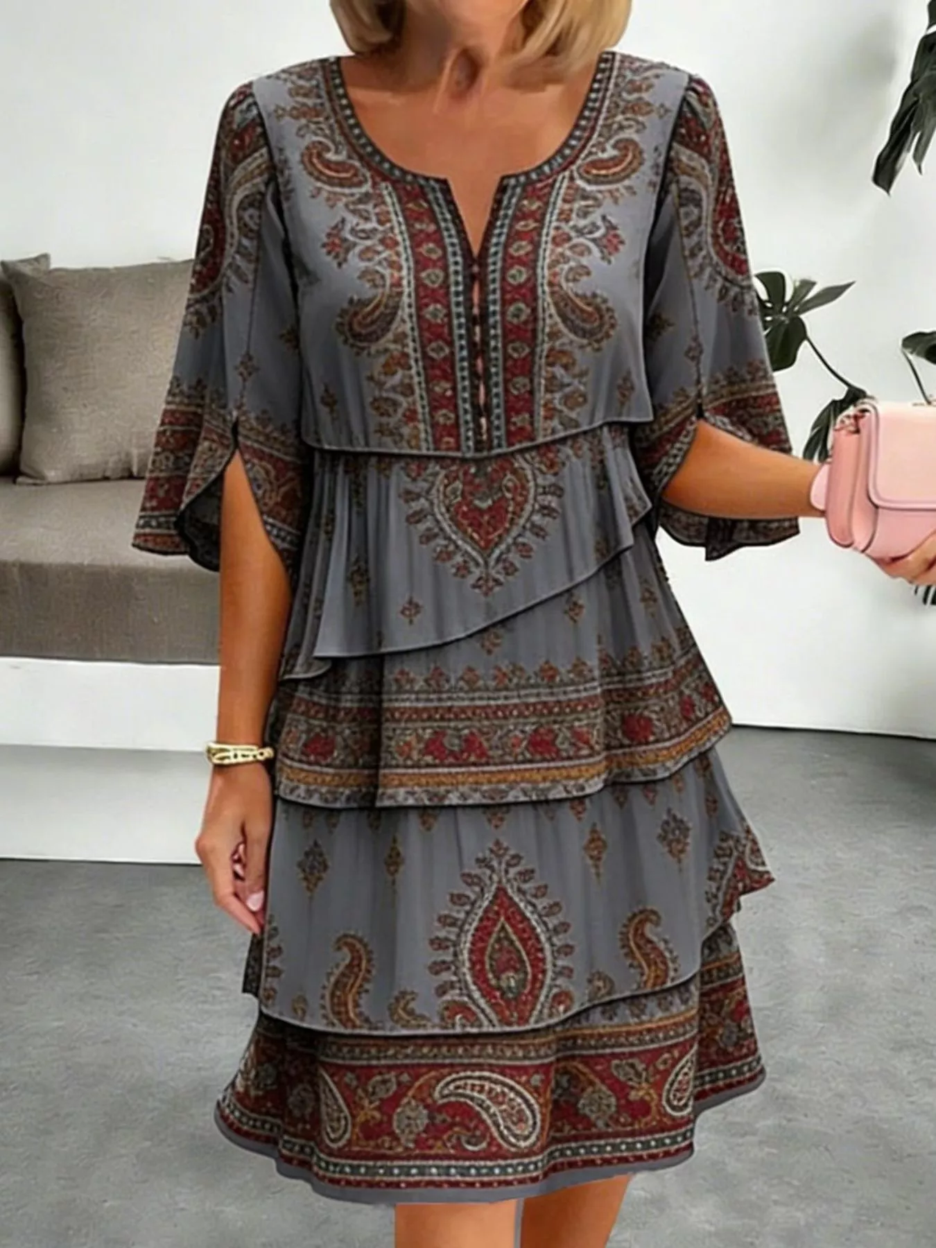 Full Size Paisley Print Layered Ruffle Mini Dress Plus Size - Image 9
