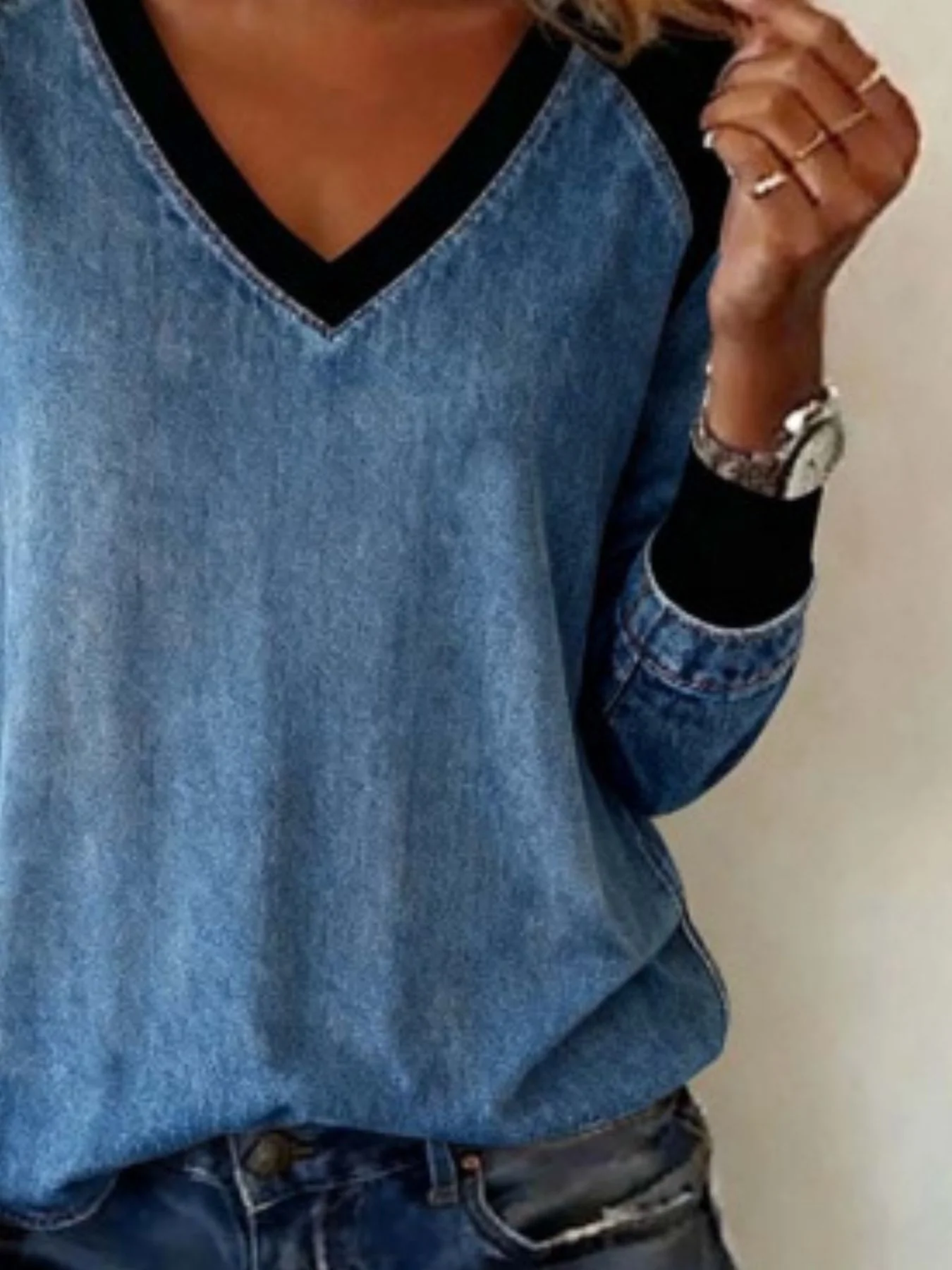 Full Size Patchwork V-Neck Long Sleeve Blouse Plus Size - Image 3