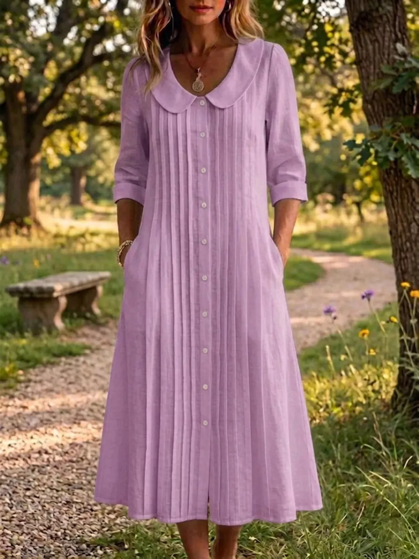 Full Size Peter Pan Collar Button Down Dress Plus Size - Image 11