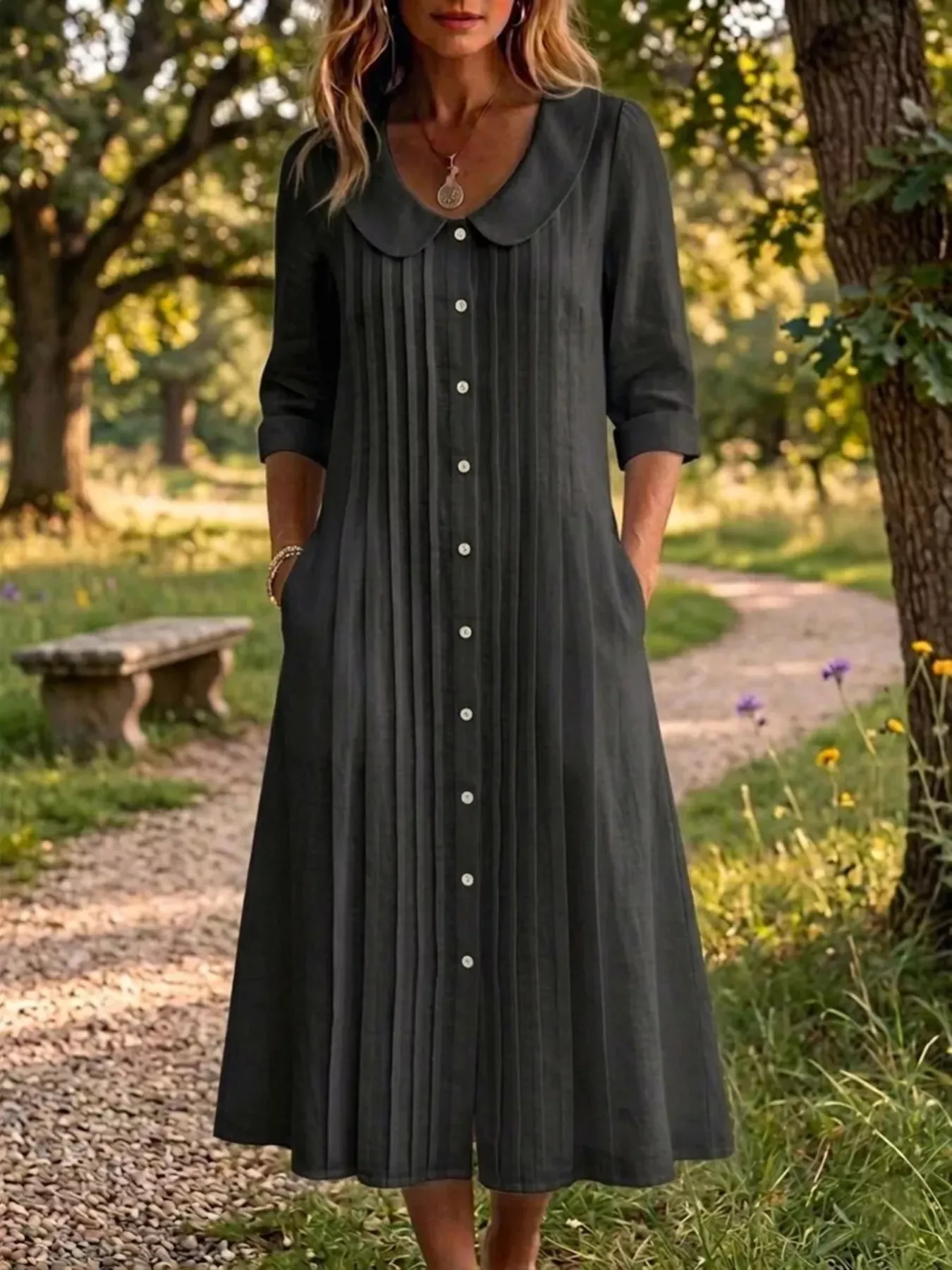 Full Size Peter Pan Collar Button Down Dress Plus Size - Image 9