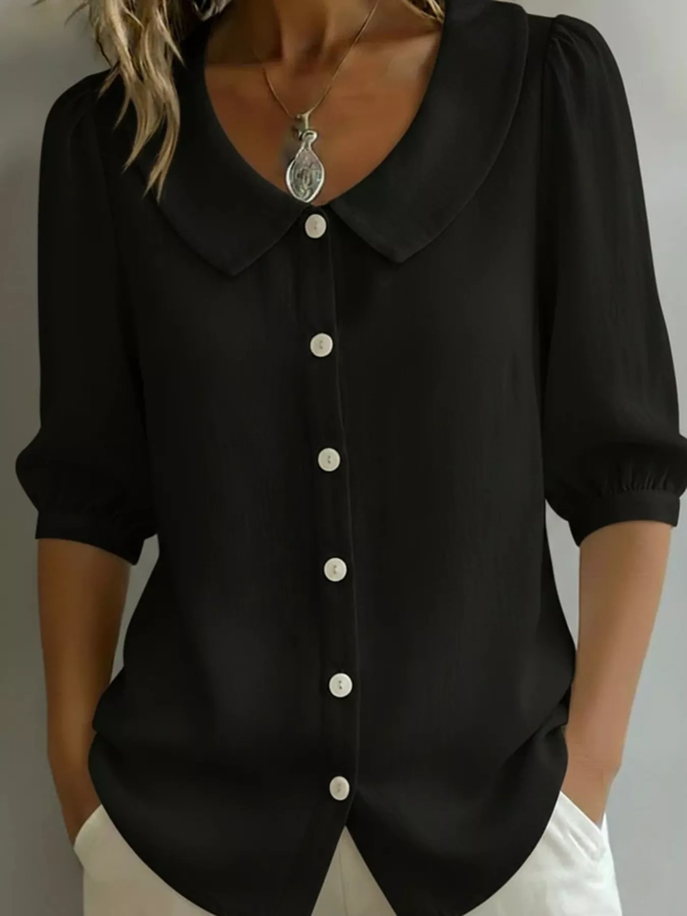 Full Size Peter Pan Collar Button Up Shirt Plus Size - Image 4