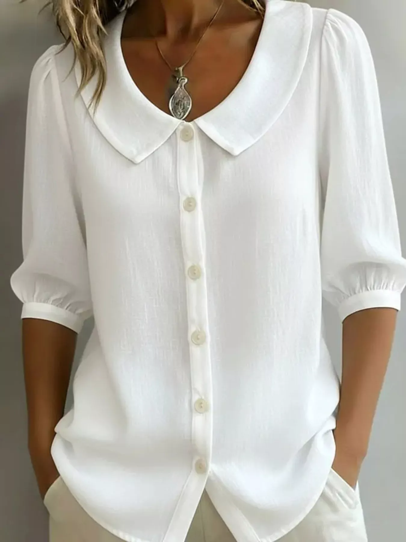 Full Size Peter Pan Collar Button Up Shirt Plus Size - Image 5