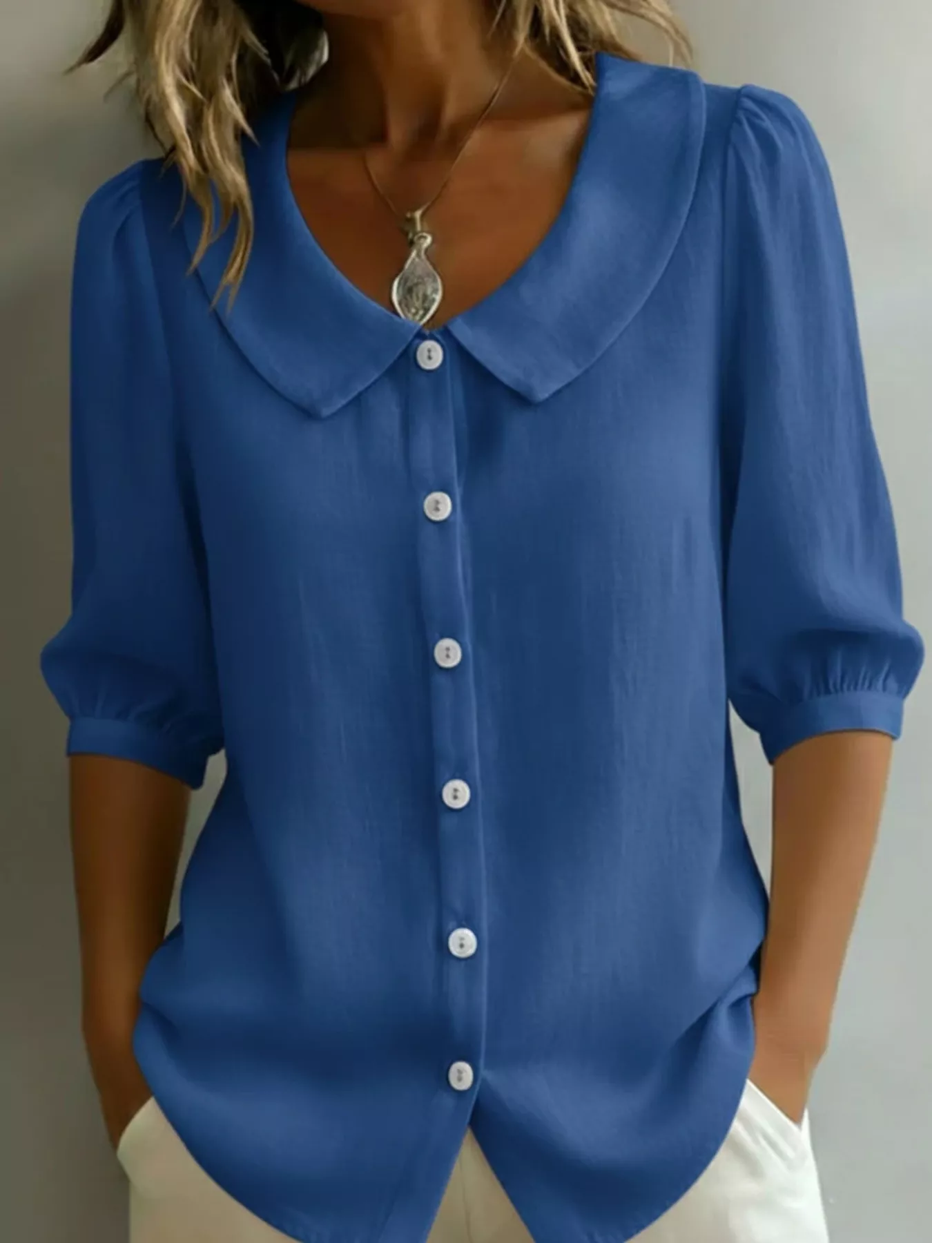 Full Size Peter Pan Collar Button Up Shirt Plus Size - Image 9