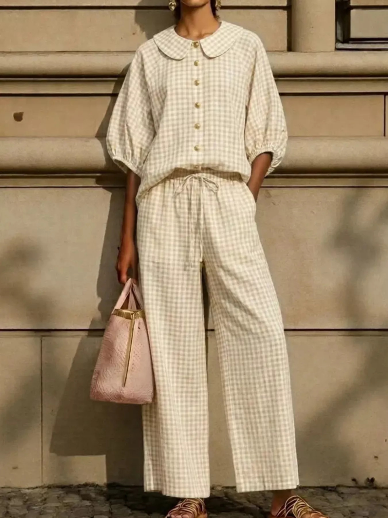 Full Size Plaid Button Up Shirt and Pants Set Plus Size - Image 5