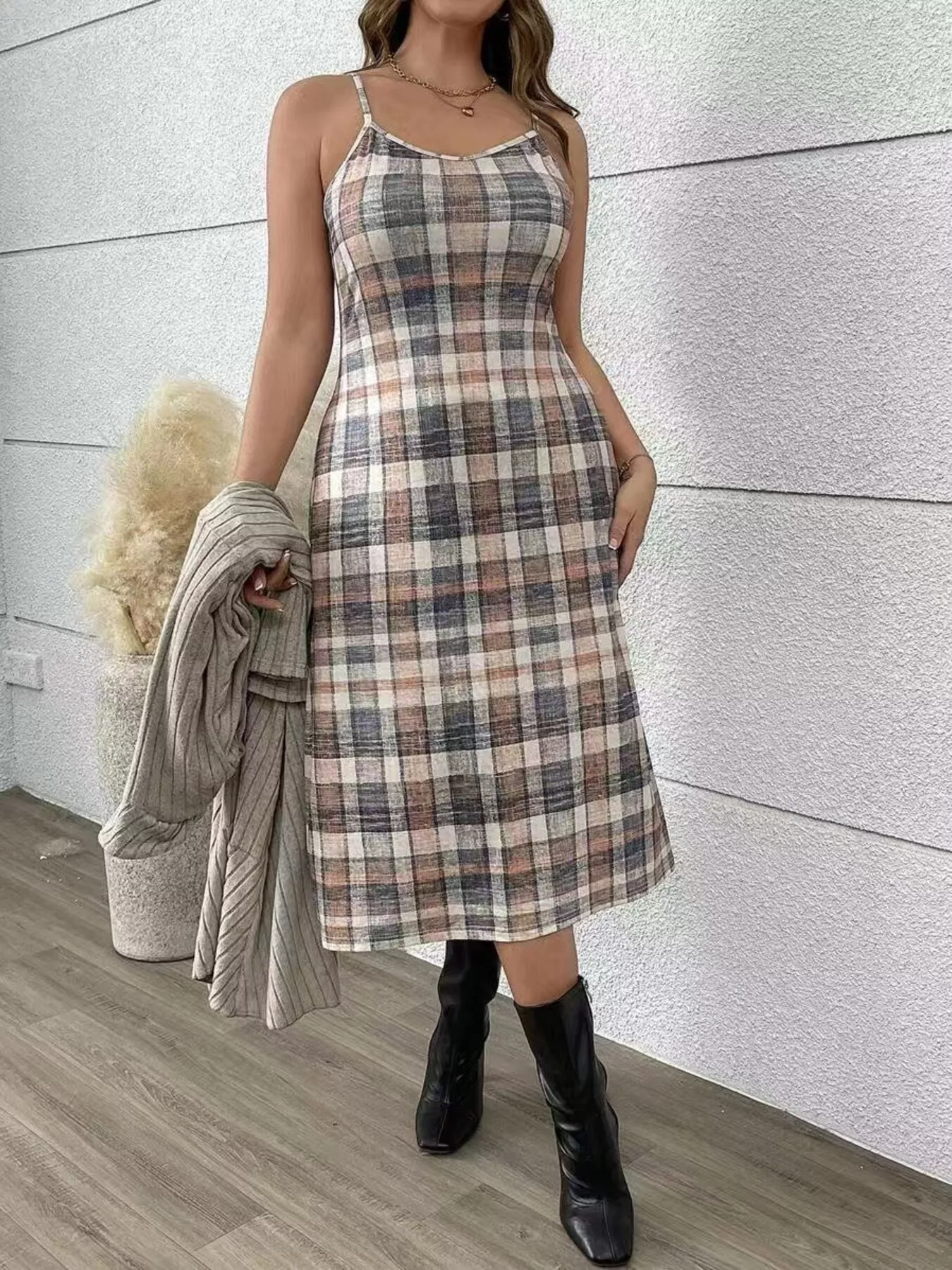 Full Size Plaid Dress & Ribbed Knit Cardigan Set Plus Size - Image 2