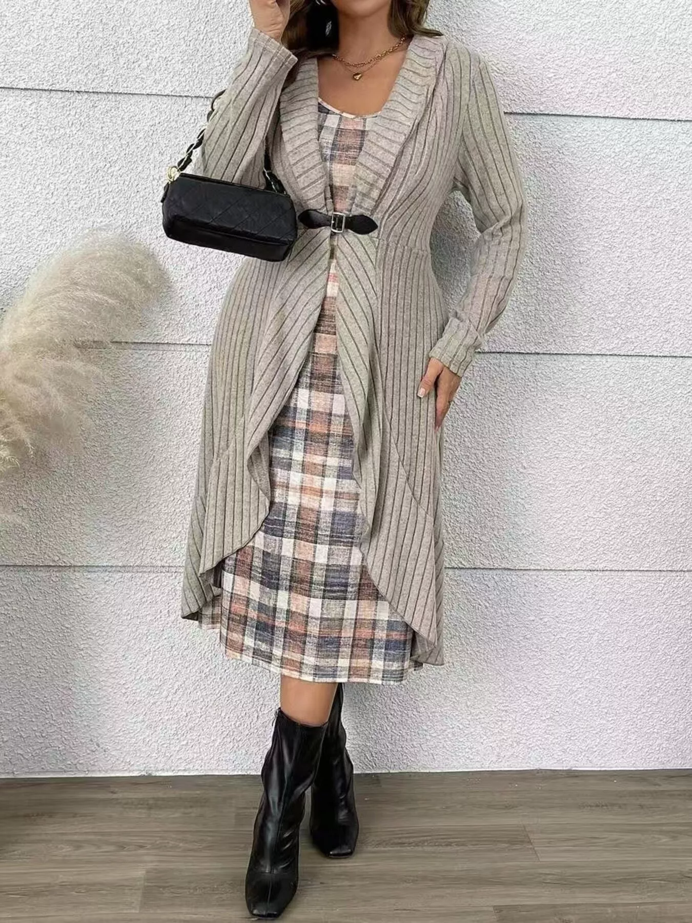 Full Size Plaid Dress & Ribbed Knit Cardigan Set Plus Size - Image 3