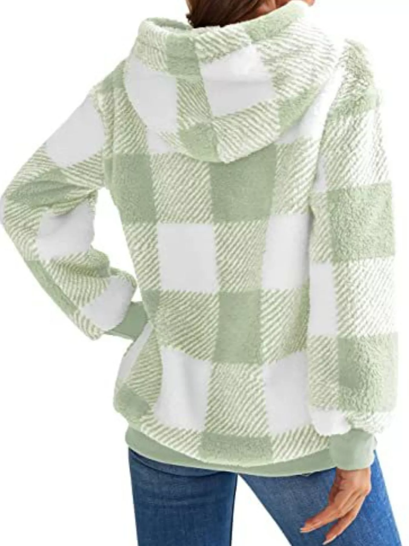 Full Size Plaid Sherpa Drawstring Hoodie Plus Size - Image 15