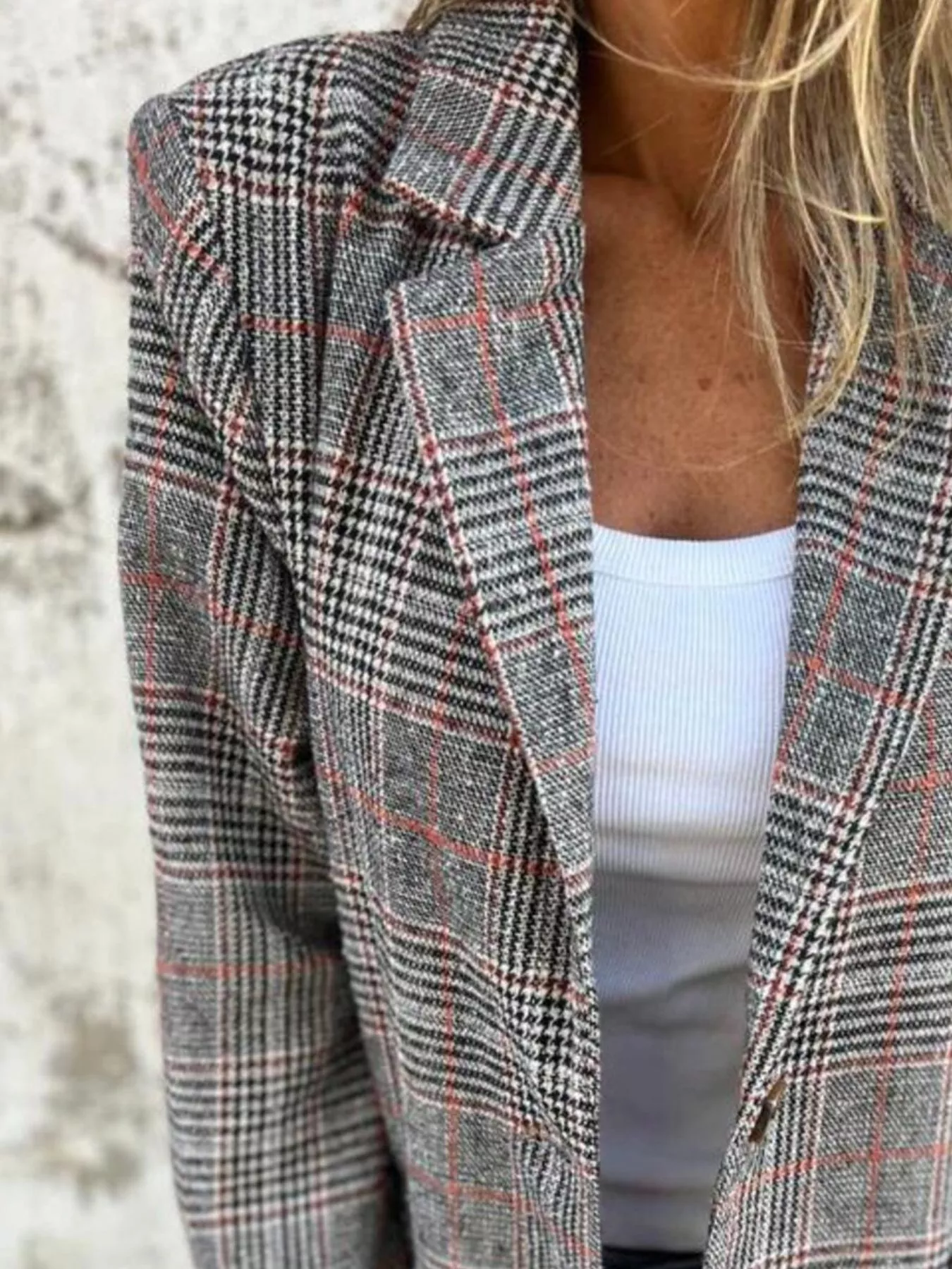 Full Size Plaid Single-Breasted Long Sleeve Blazer Plus Size - Image 5