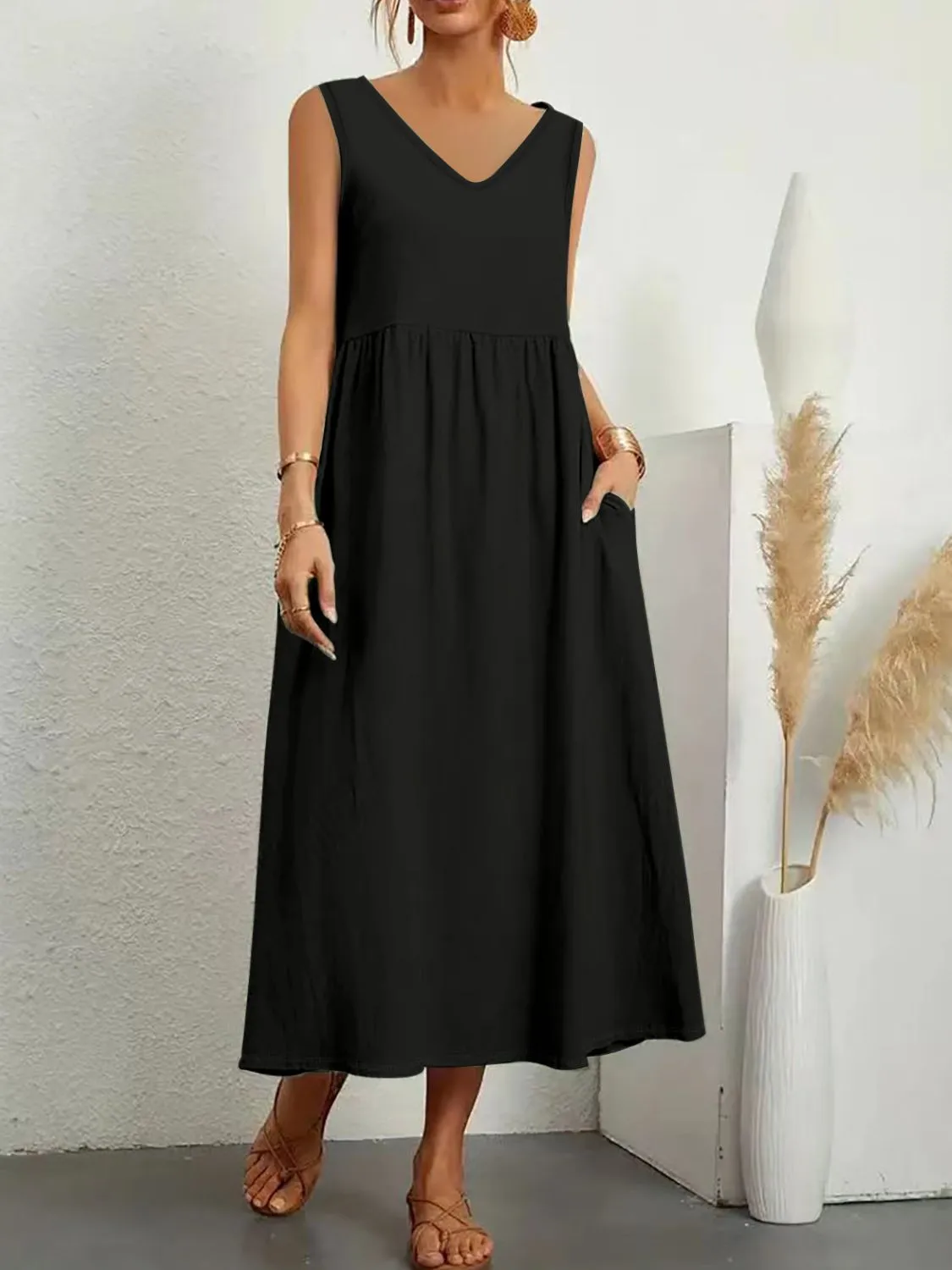 Full Size Pocketed V-Neck Sleeveless Midi Dress Plus Size - Image 2