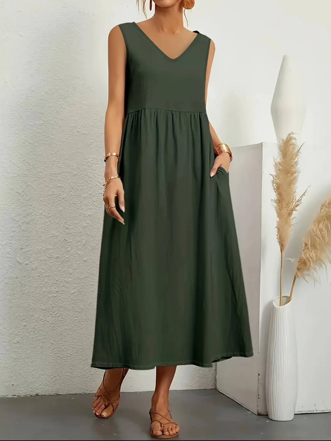 Full Size Pocketed V-Neck Sleeveless Midi Dress Plus Size - Image 6