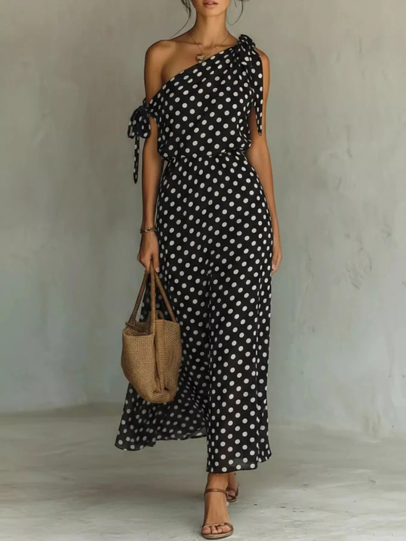 Full Size Polka Dot One-Shoulder Maxi Dress with Tie Details Plus Size