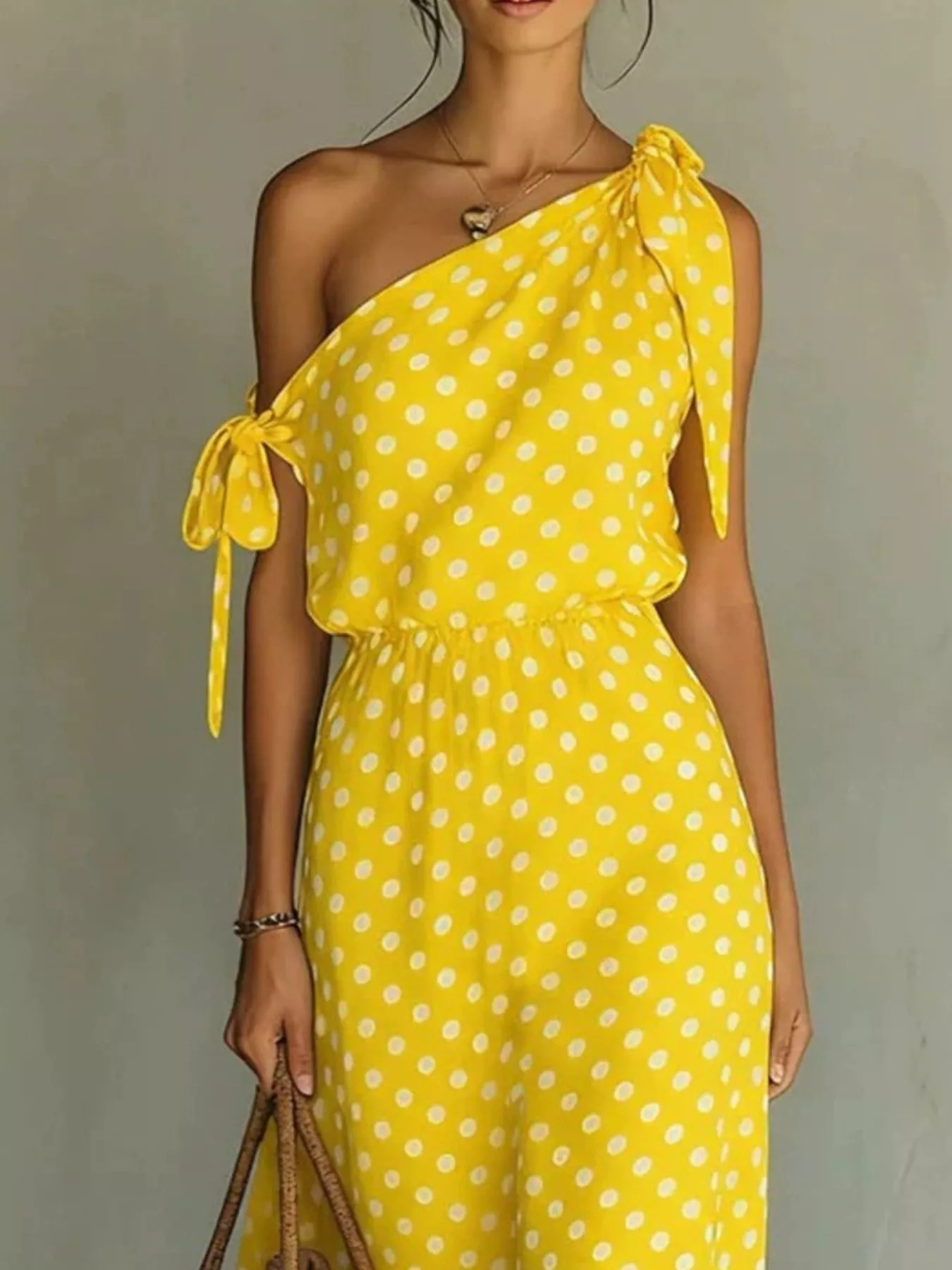 Full Size Polka Dot One-Shoulder Maxi Dress with Tie Details Plus Size - Image 10