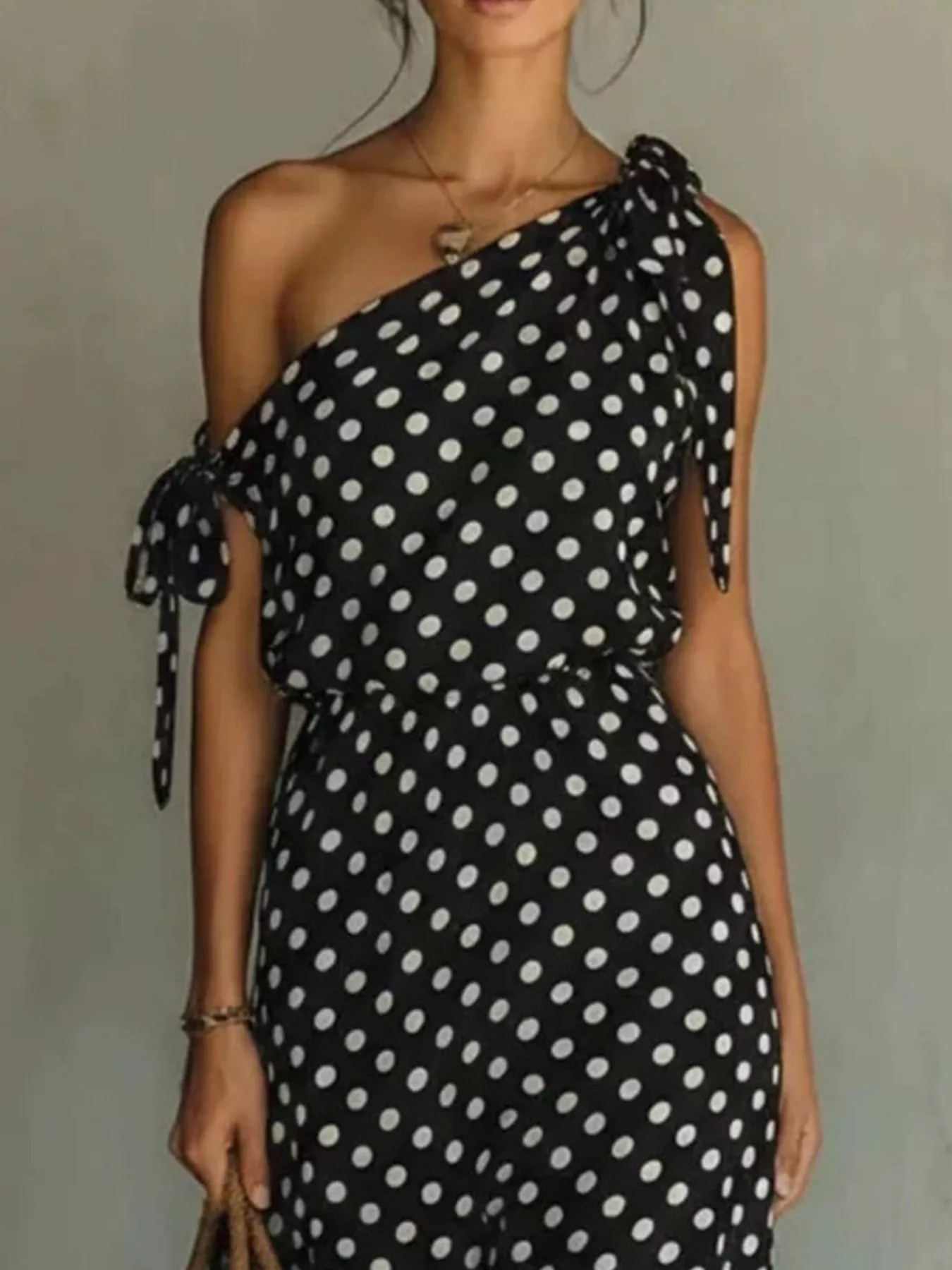Full Size Polka Dot One-Shoulder Maxi Dress with Tie Details Plus Size - Image 2