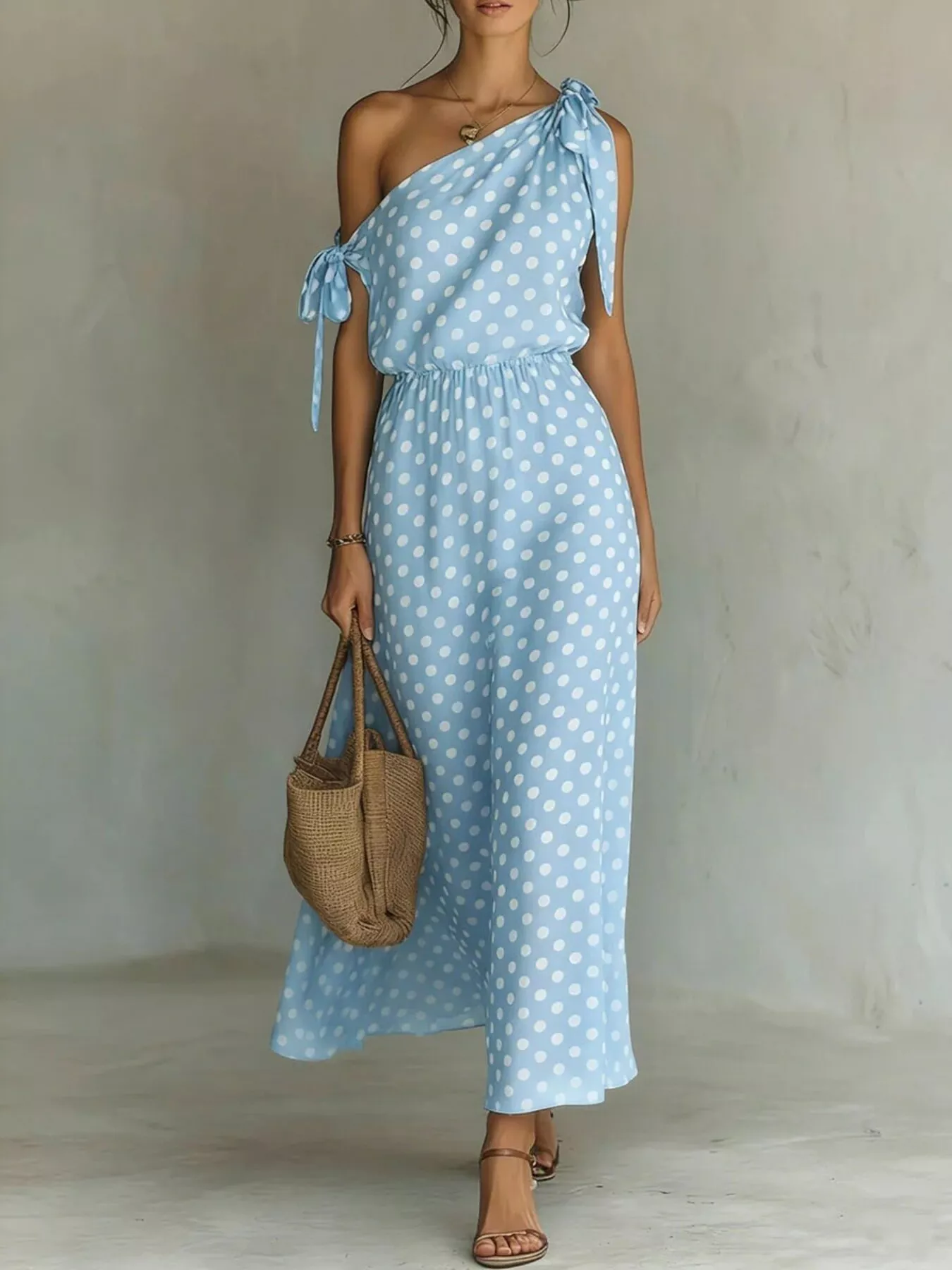 Full Size Polka Dot One-Shoulder Maxi Dress with Tie Details Plus Size - Image 3