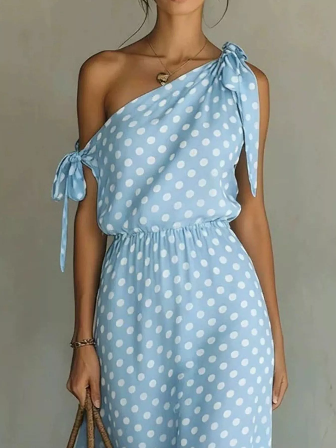 Full Size Polka Dot One-Shoulder Maxi Dress with Tie Details Plus Size - Image 4
