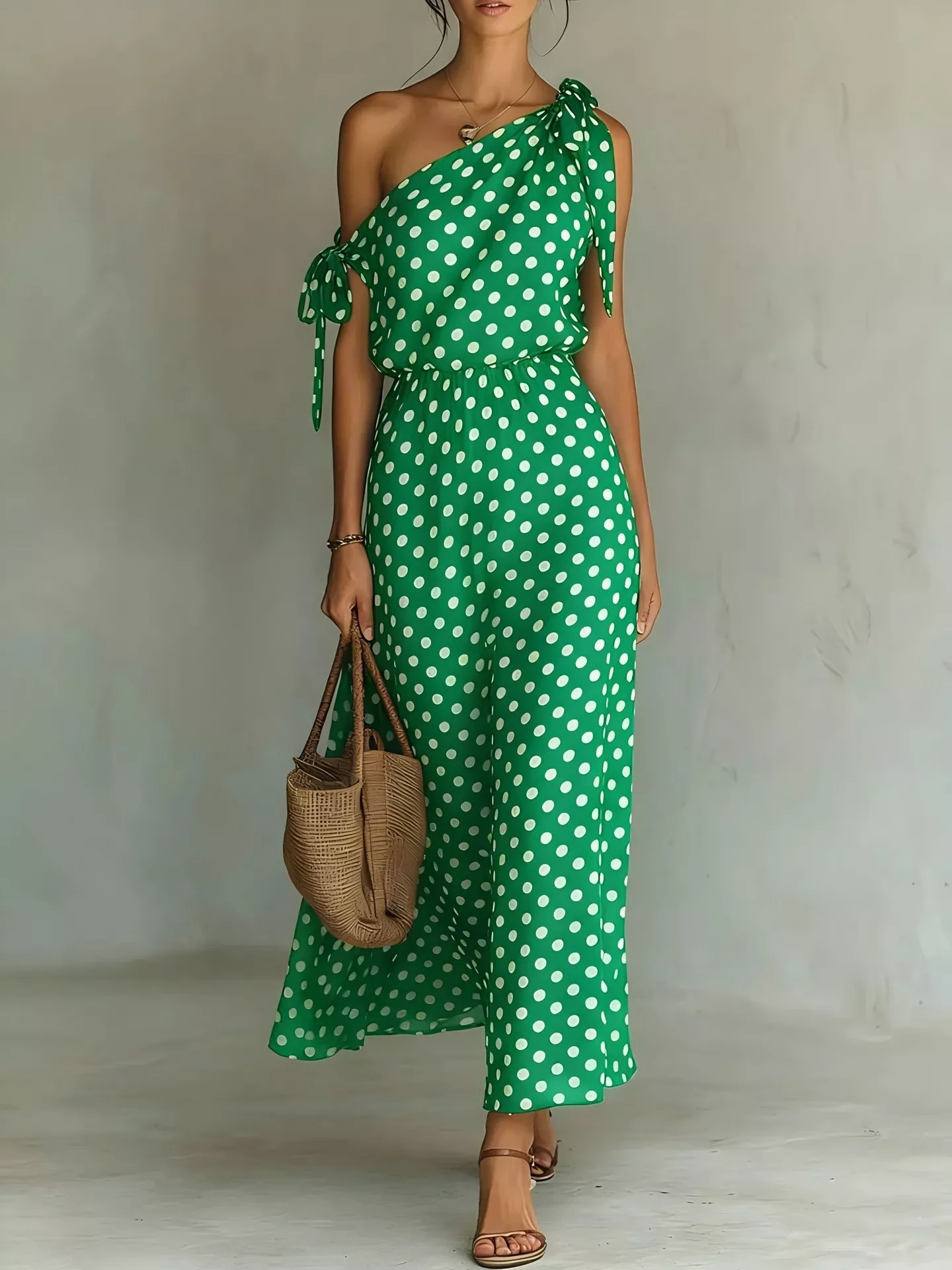 Full Size Polka Dot One-Shoulder Maxi Dress with Tie Details Plus Size - Image 5