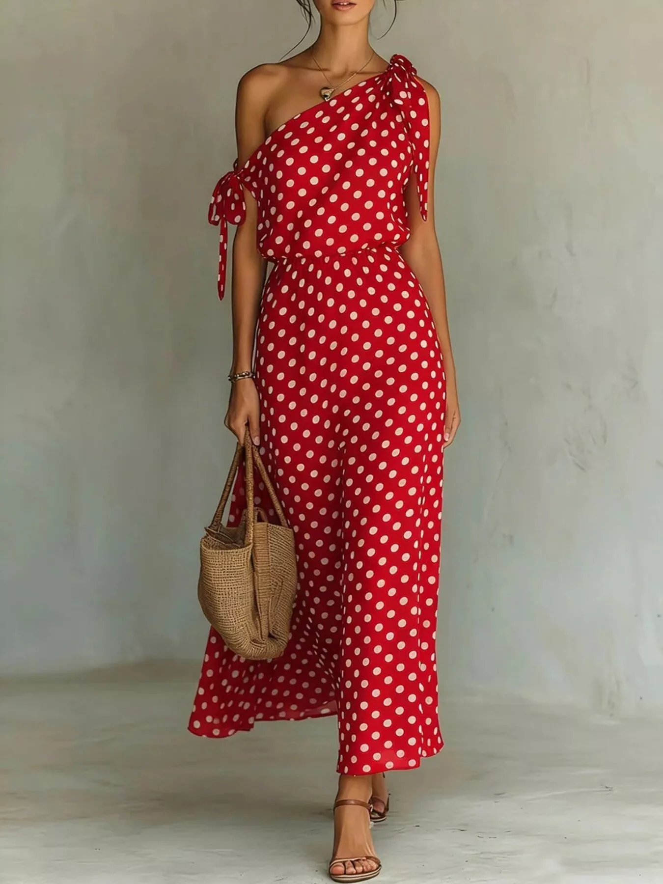Full Size Polka Dot One-Shoulder Maxi Dress with Tie Details Plus Size - Image 6
