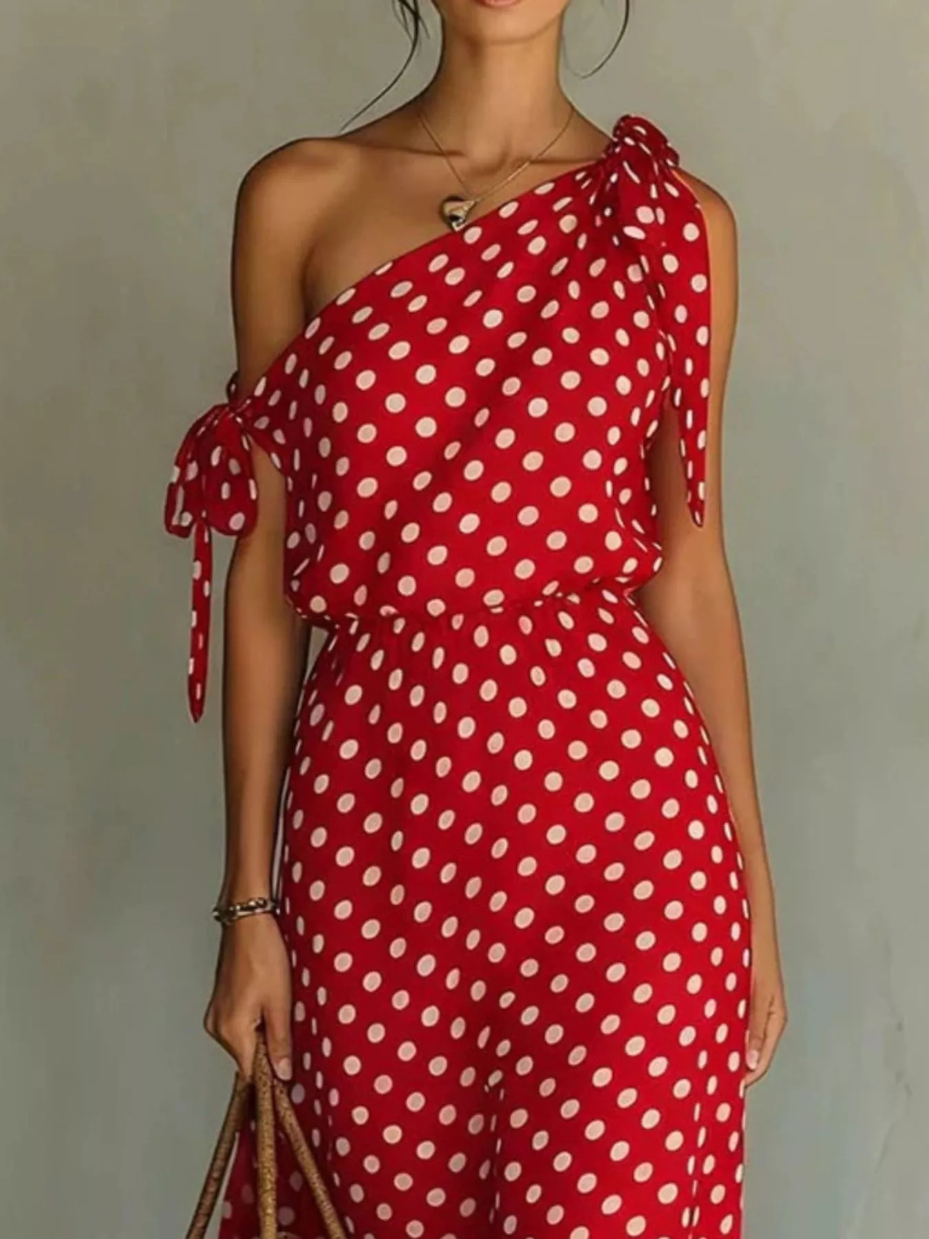 Full Size Polka Dot One-Shoulder Maxi Dress with Tie Details Plus Size - Image 7