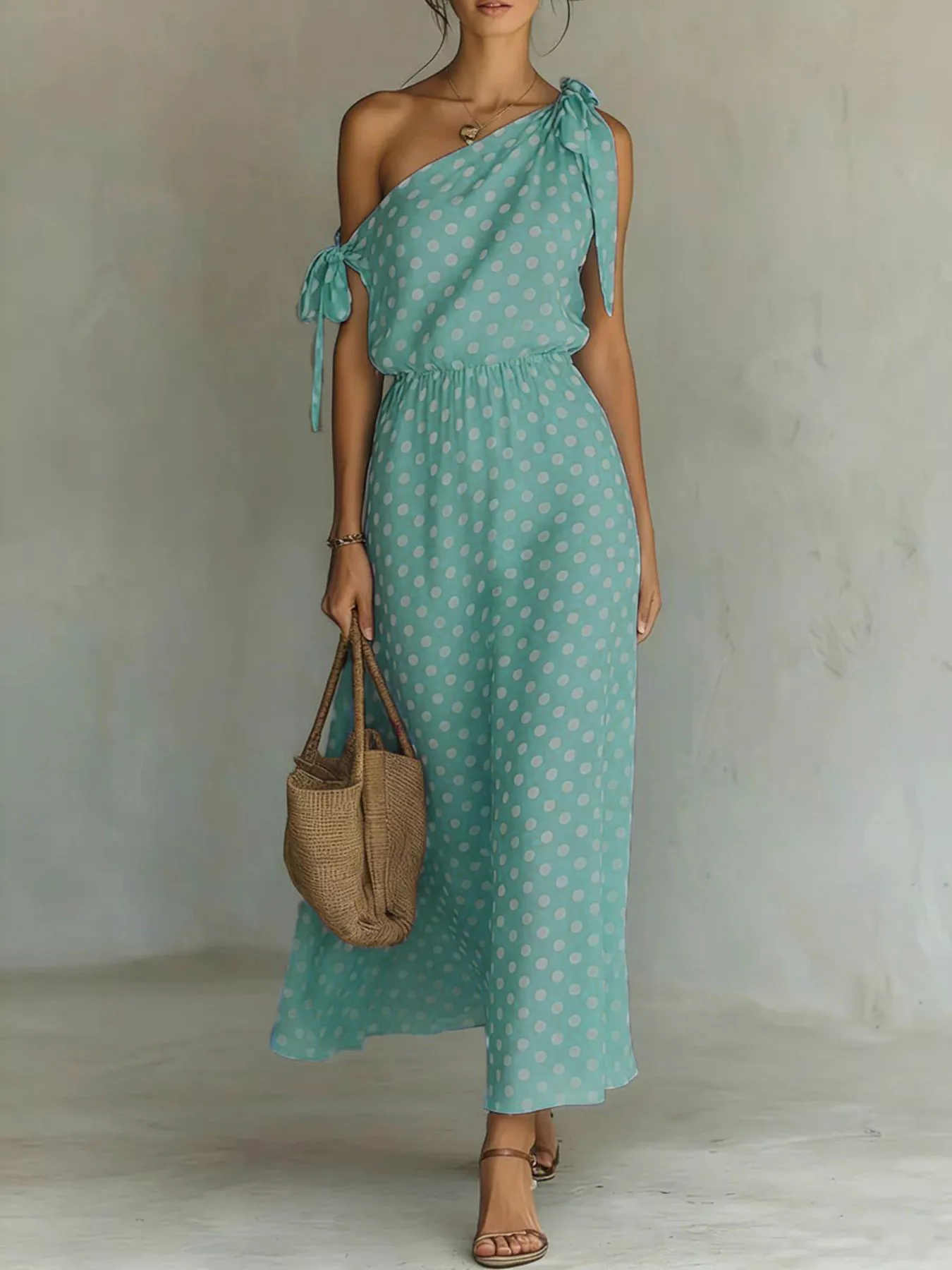 Full Size Polka Dot One-Shoulder Maxi Dress with Tie Details Plus Size - Image 8
