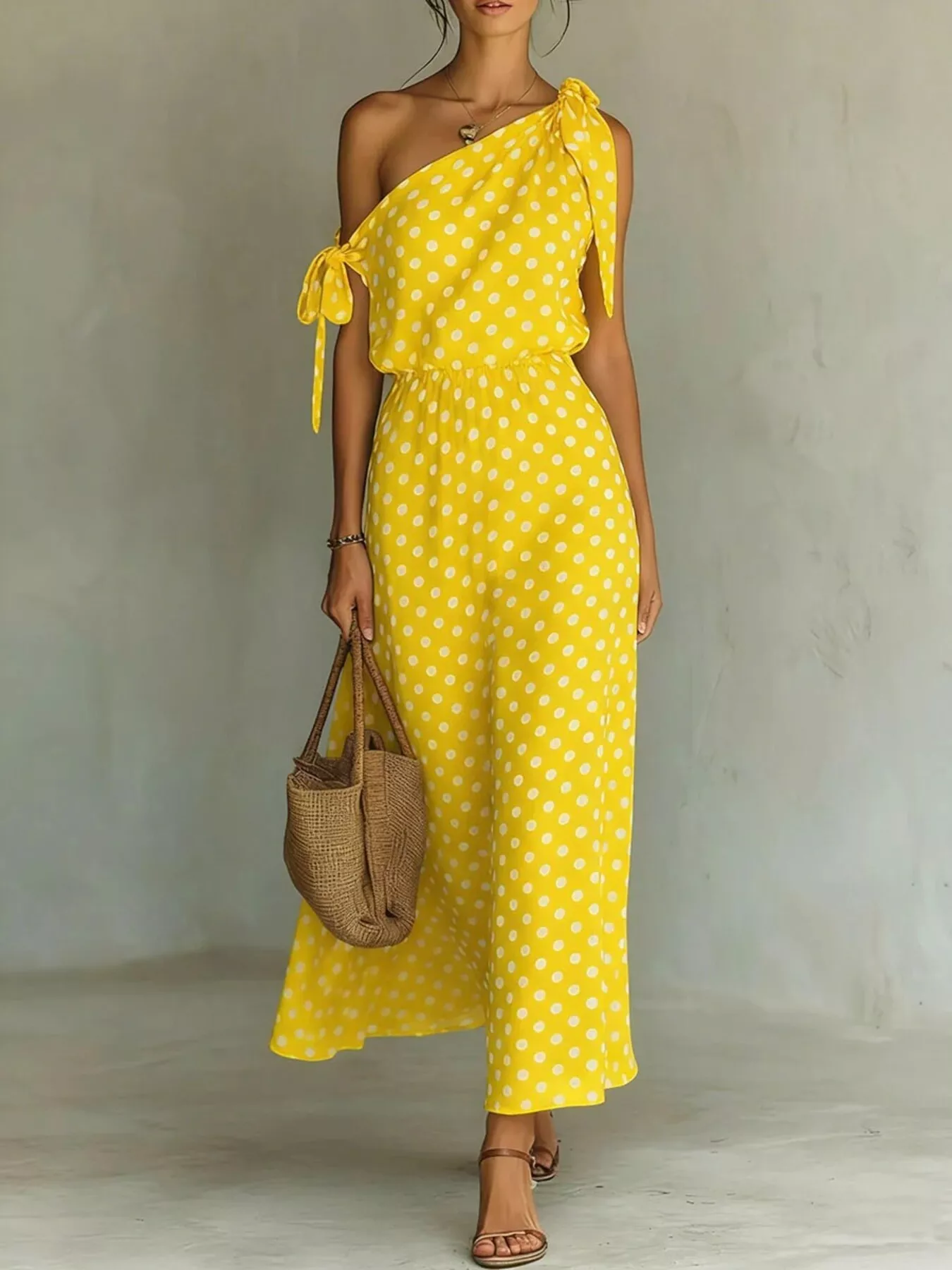 Full Size Polka Dot One-Shoulder Maxi Dress with Tie Details Plus Size - Image 9