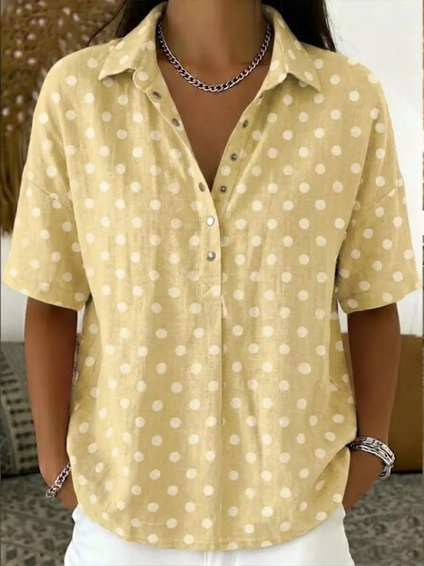 Full Size Polka Dot Short Sleeve Shirt Plus Size - Image 12