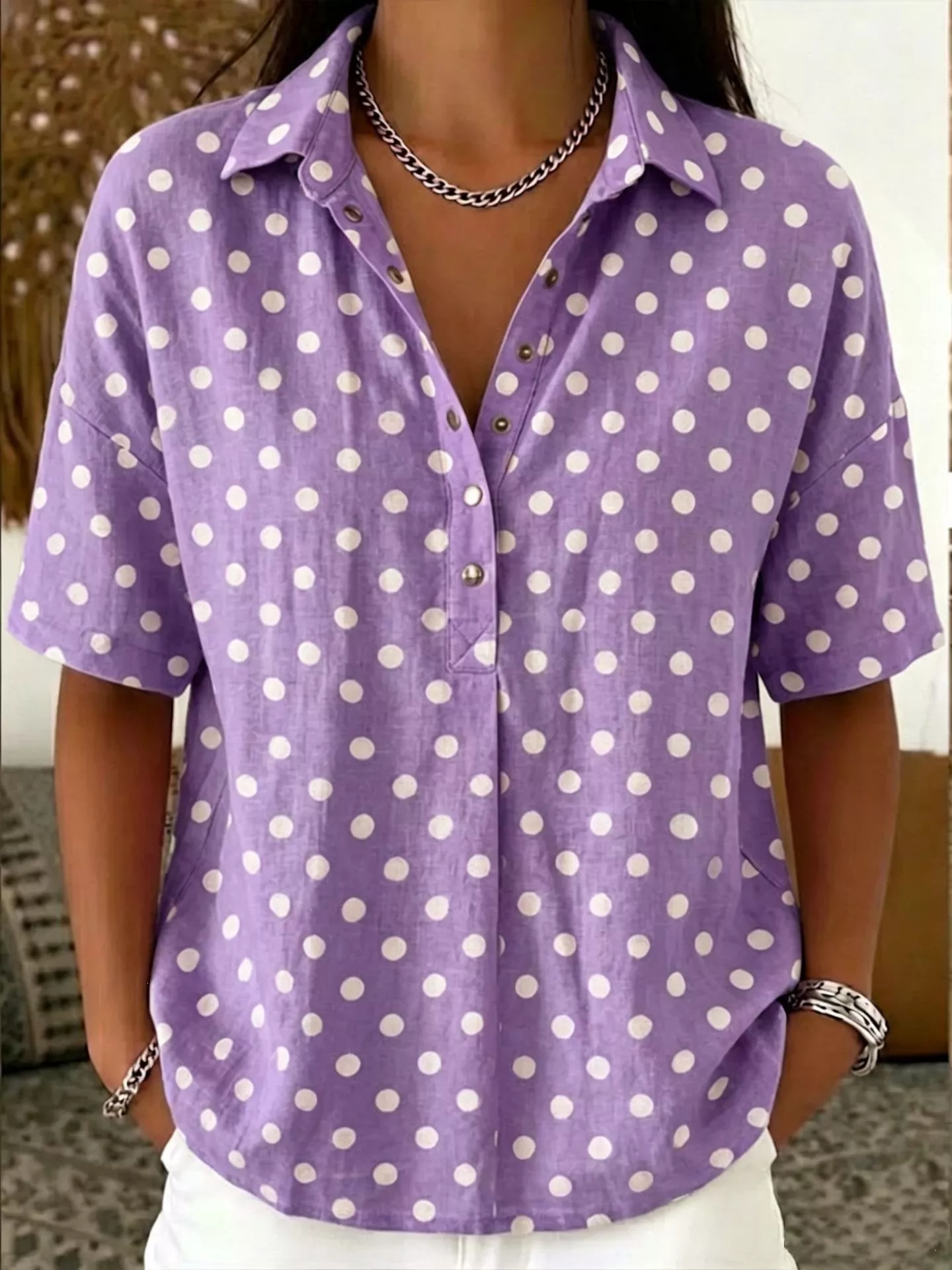 Full Size Polka Dot Short Sleeve Shirt Plus Size - Image 4