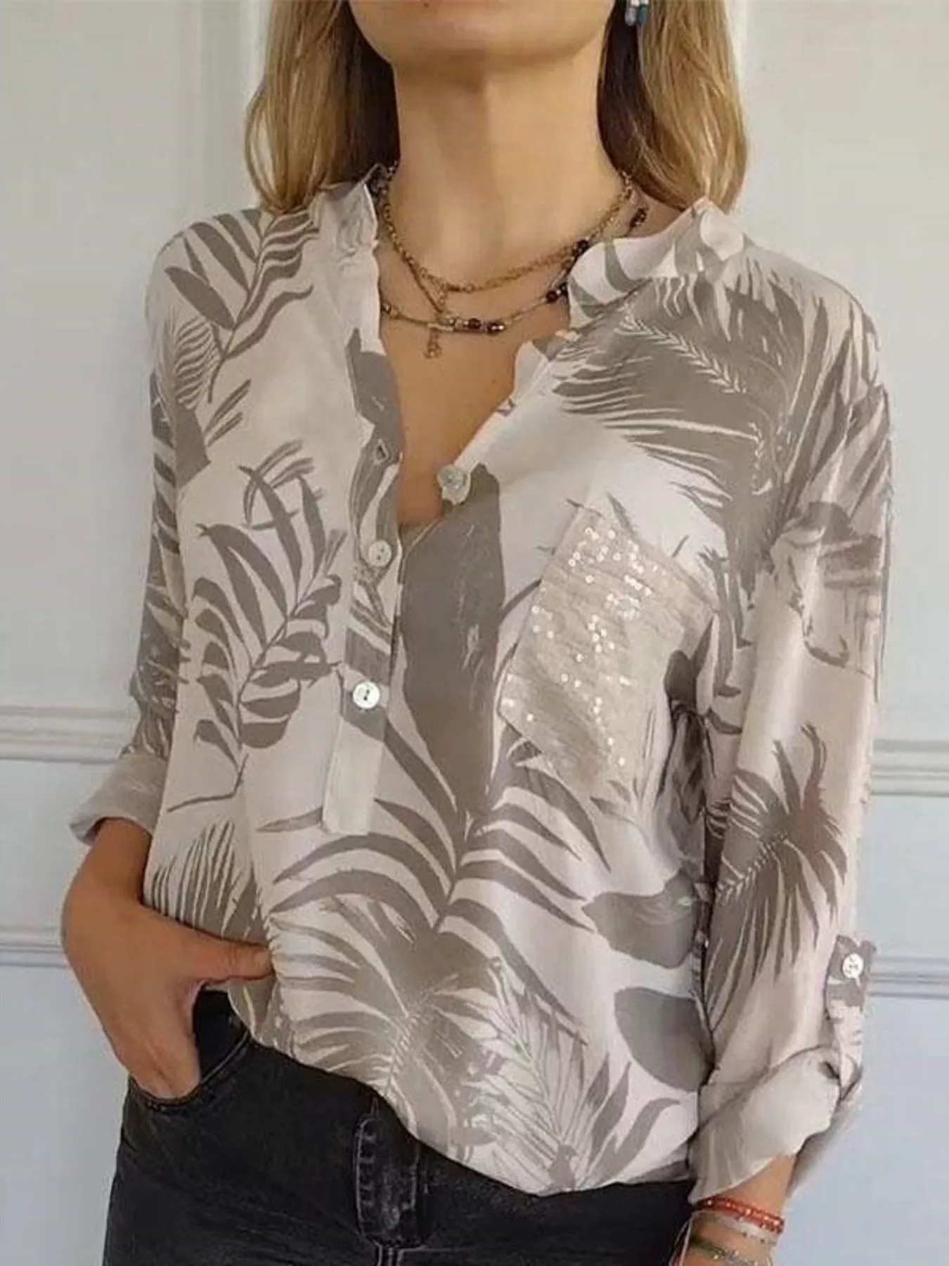 Full Size Printed Button Detail Long Sleeve Blouse Plus Size - Image 4