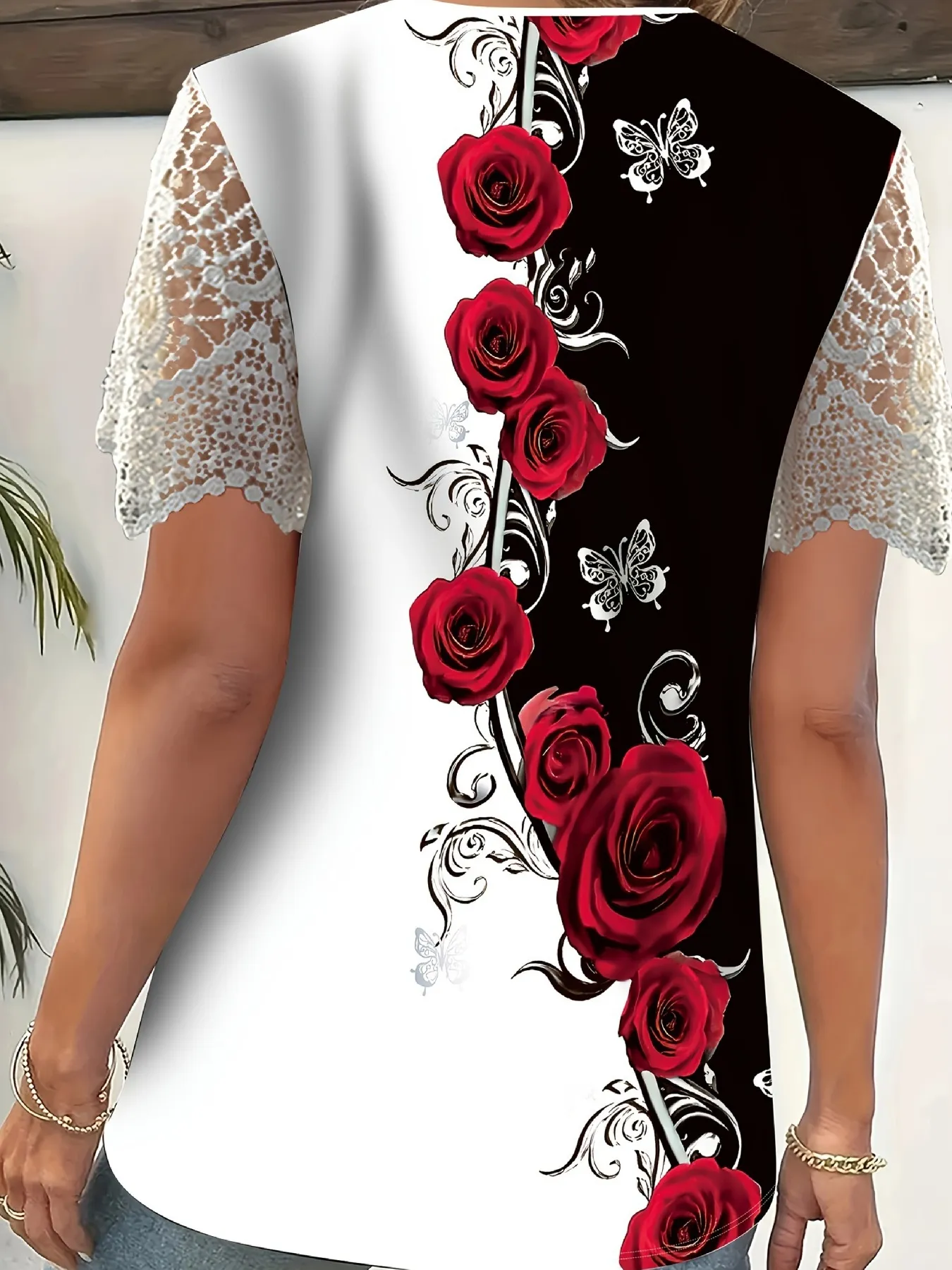 Full Size Printed Lace Sleeve V-Neck T-Shirt Plus Size - Image 2