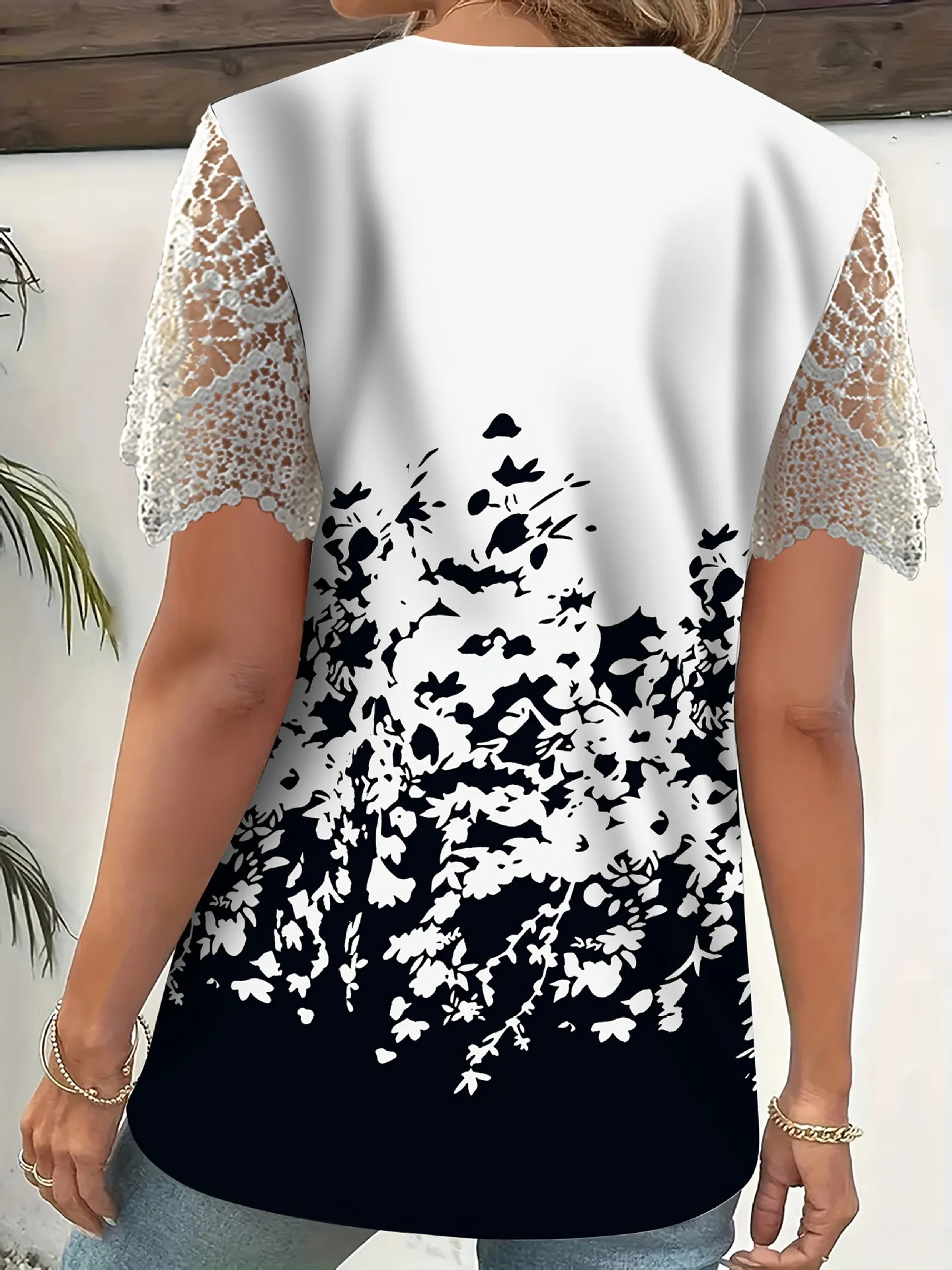 Full Size Printed Lace Sleeve V-Neck T-Shirt Plus Size - Image 8