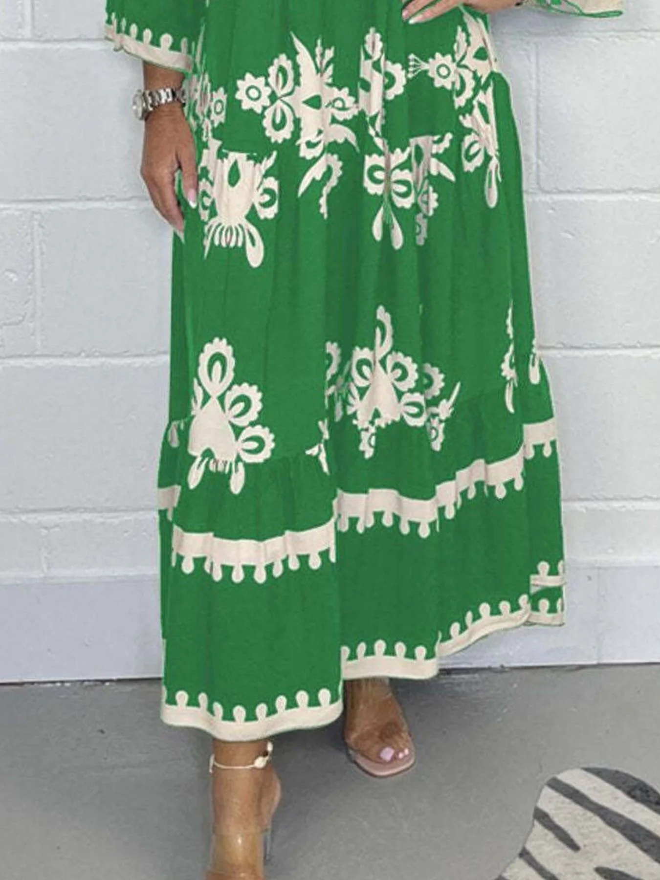 Full Size Printed Notched 3/4 Sleeve Midi Dress Plus Size - Image 8