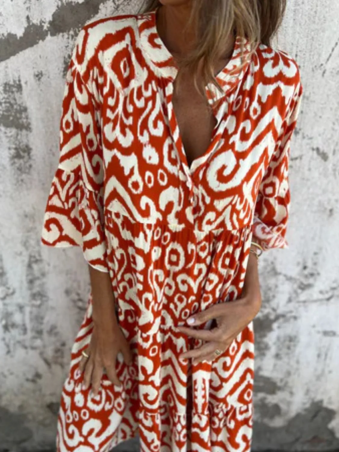 Full Size Printed Notched Half Sleeve Dress Plus Size - Image 7