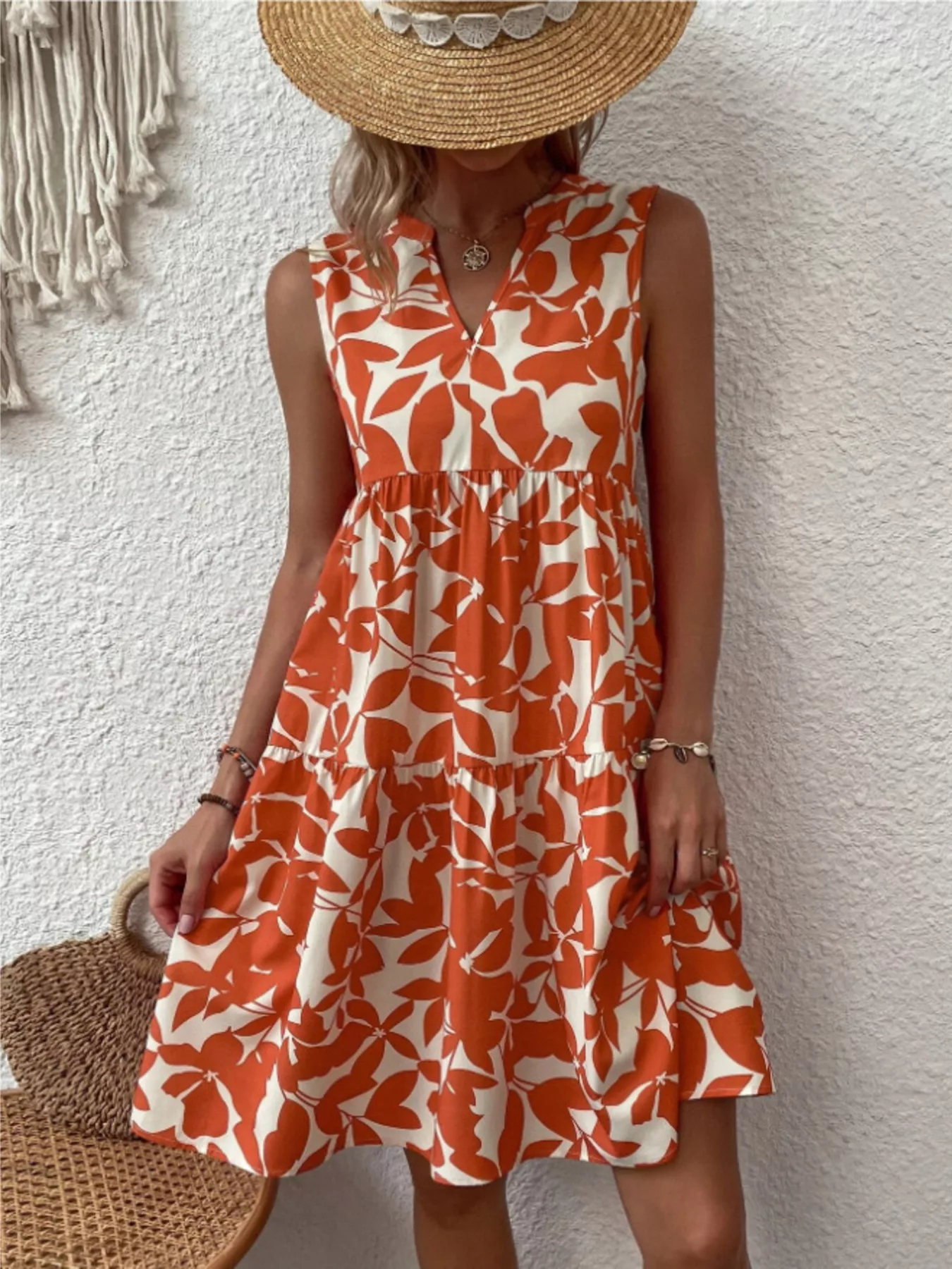 Full Size Printed Notched Sleeveless Mini Dress Plus Size