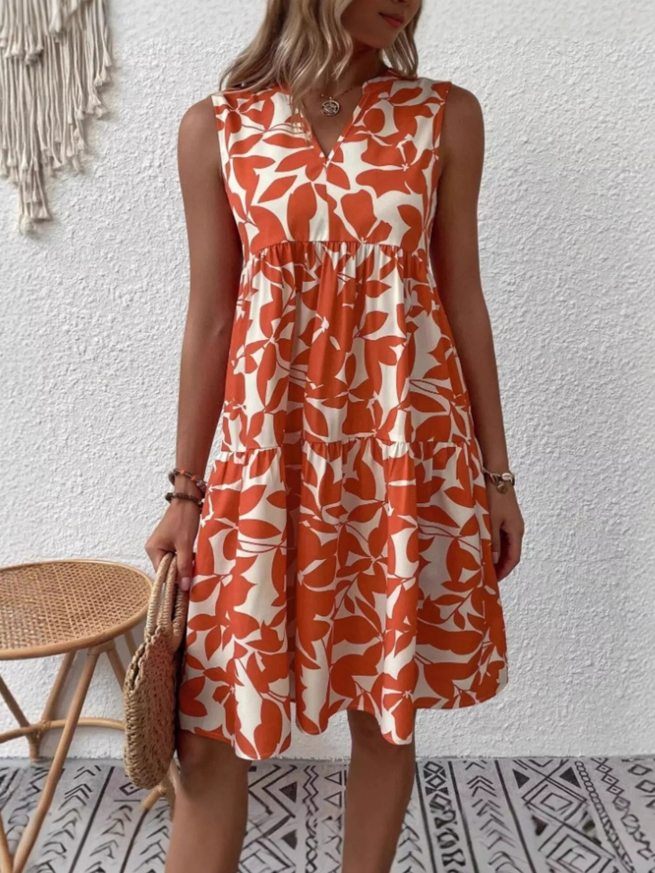 Full Size Printed Notched Sleeveless Mini Dress Plus Size - Image 3
