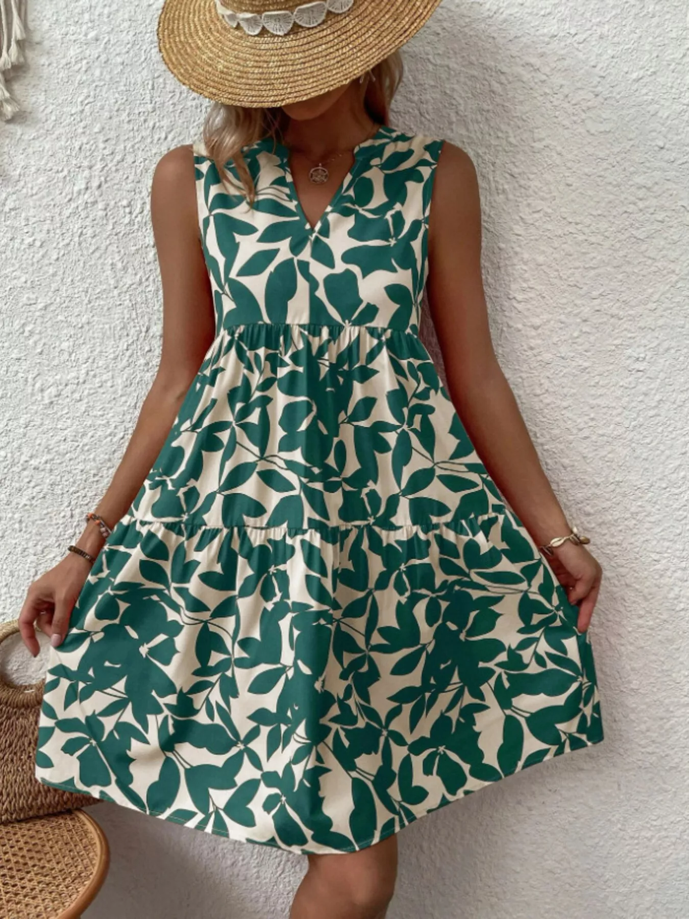 Full Size Printed Notched Sleeveless Mini Dress Plus Size - Image 7