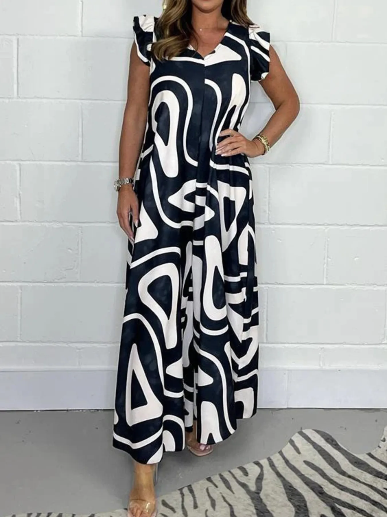 Full Size Printed Wide-Leg Jumpsuit with Flutter Sleeves Plus Size - Image 13