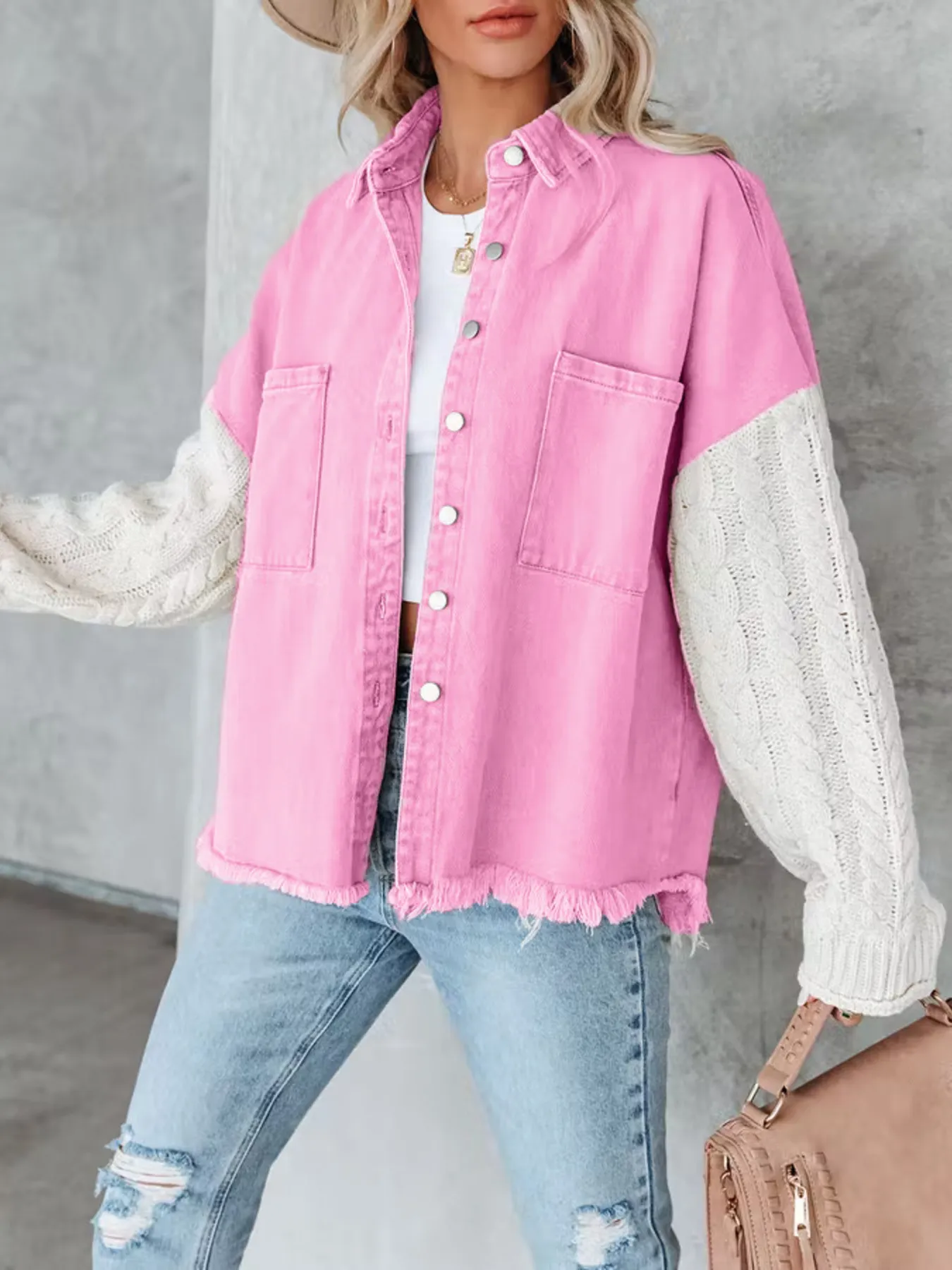 Full Size Raw Hem Button Up Patchwork Denim Jacket Plus Size - Image 5