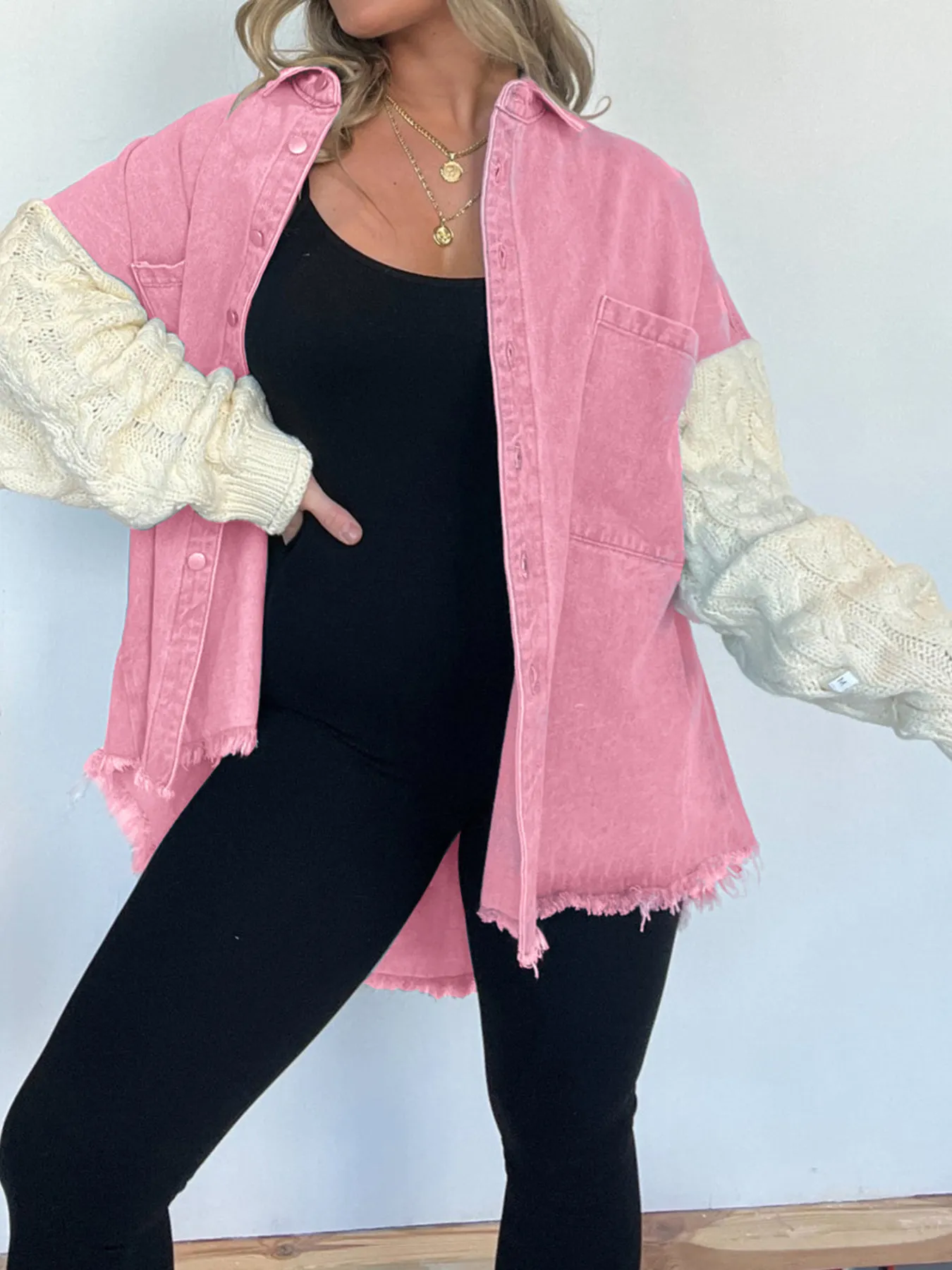 Full Size Raw Hem Button Up Patchwork Denim Jacket Plus Size - Image 7