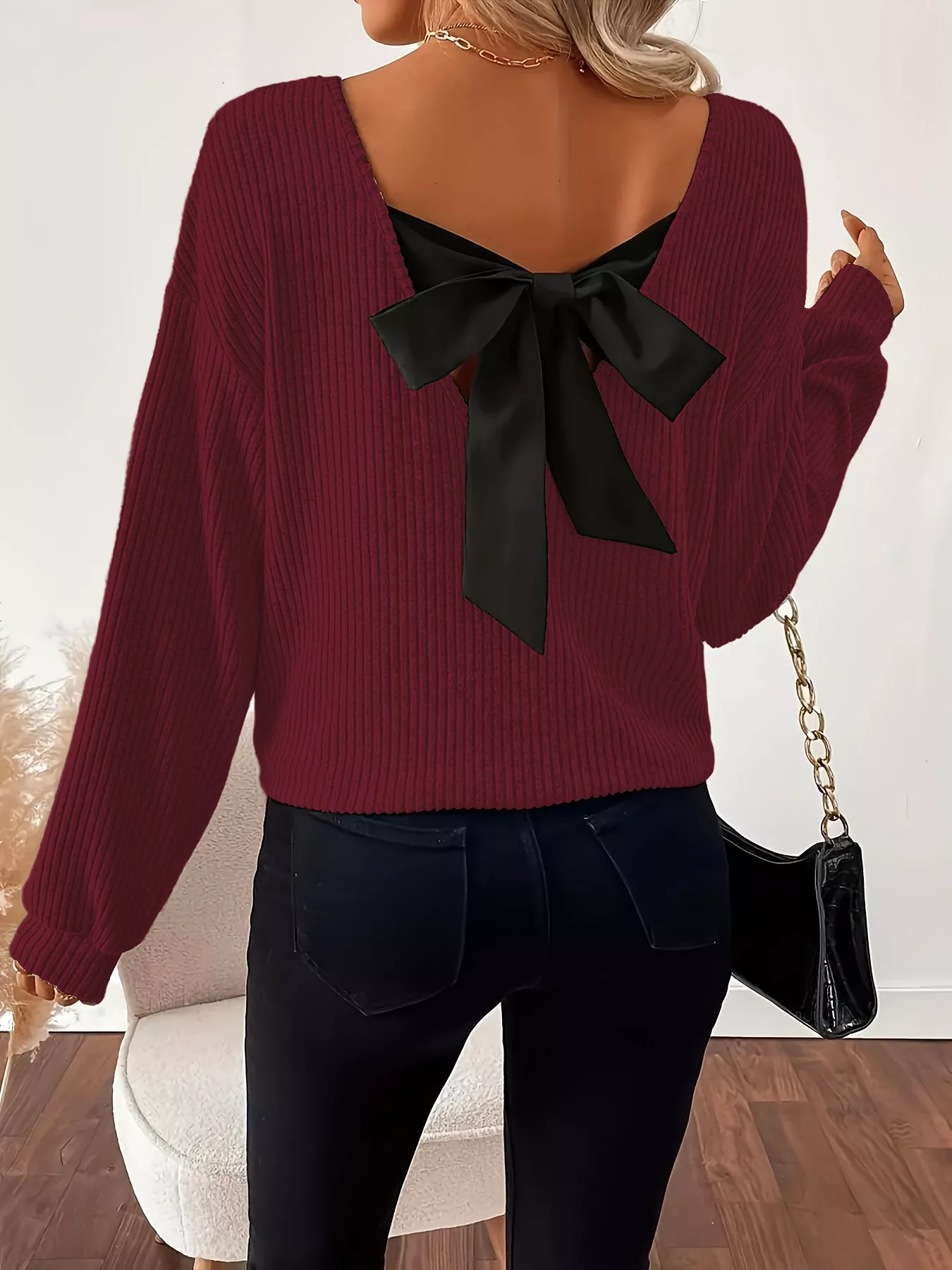 Full Size Ribbed Knit Backless Bow T-Shirt Plus Size - Image 17