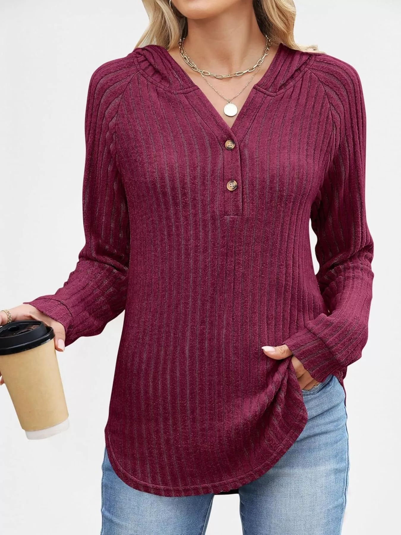 Full Size Ribbed Knit Button Detail Hooded Top Plus Size - Image 3