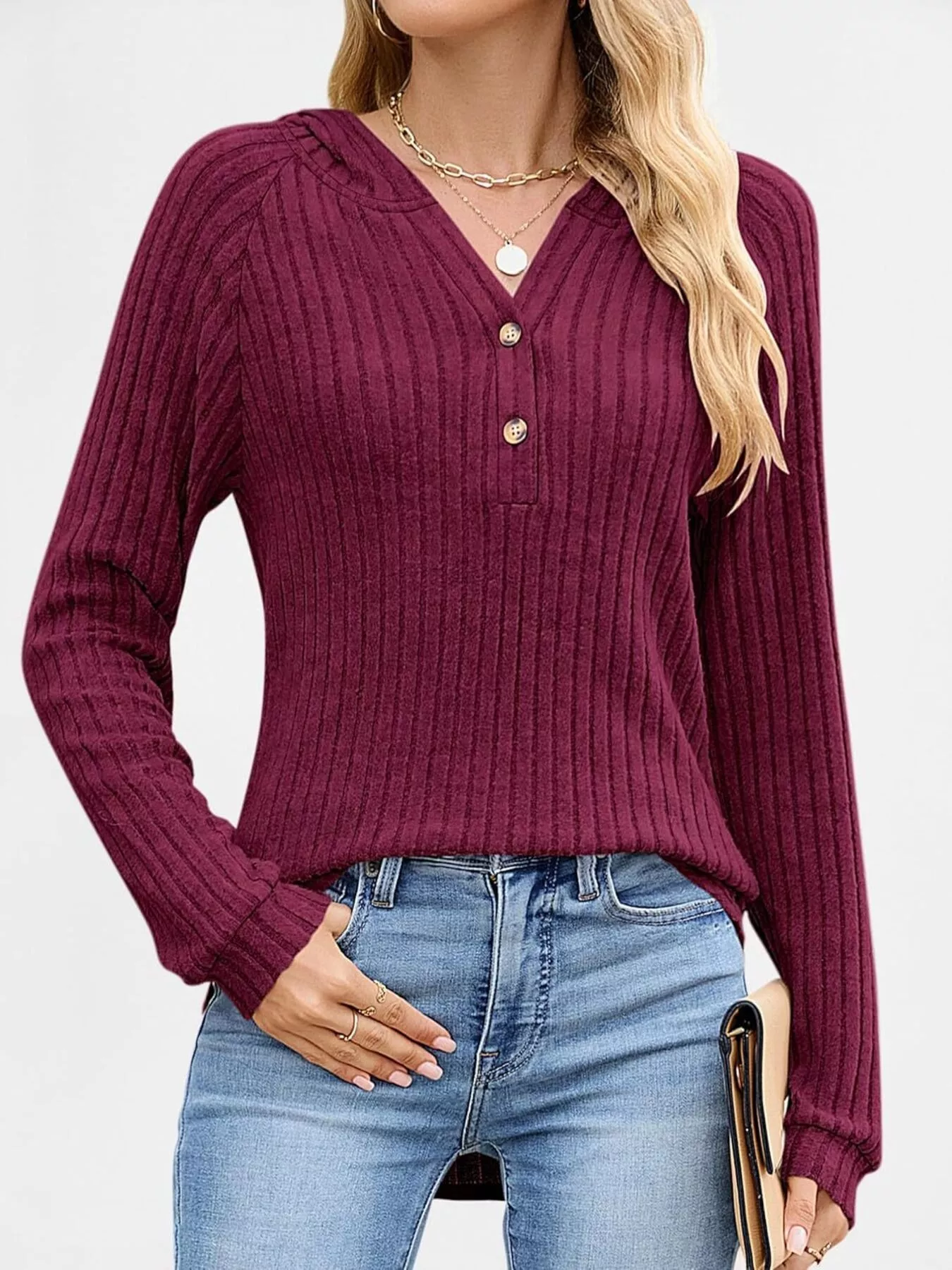 Full Size Ribbed Knit Button Detail Hooded Top Plus Size - Image 4