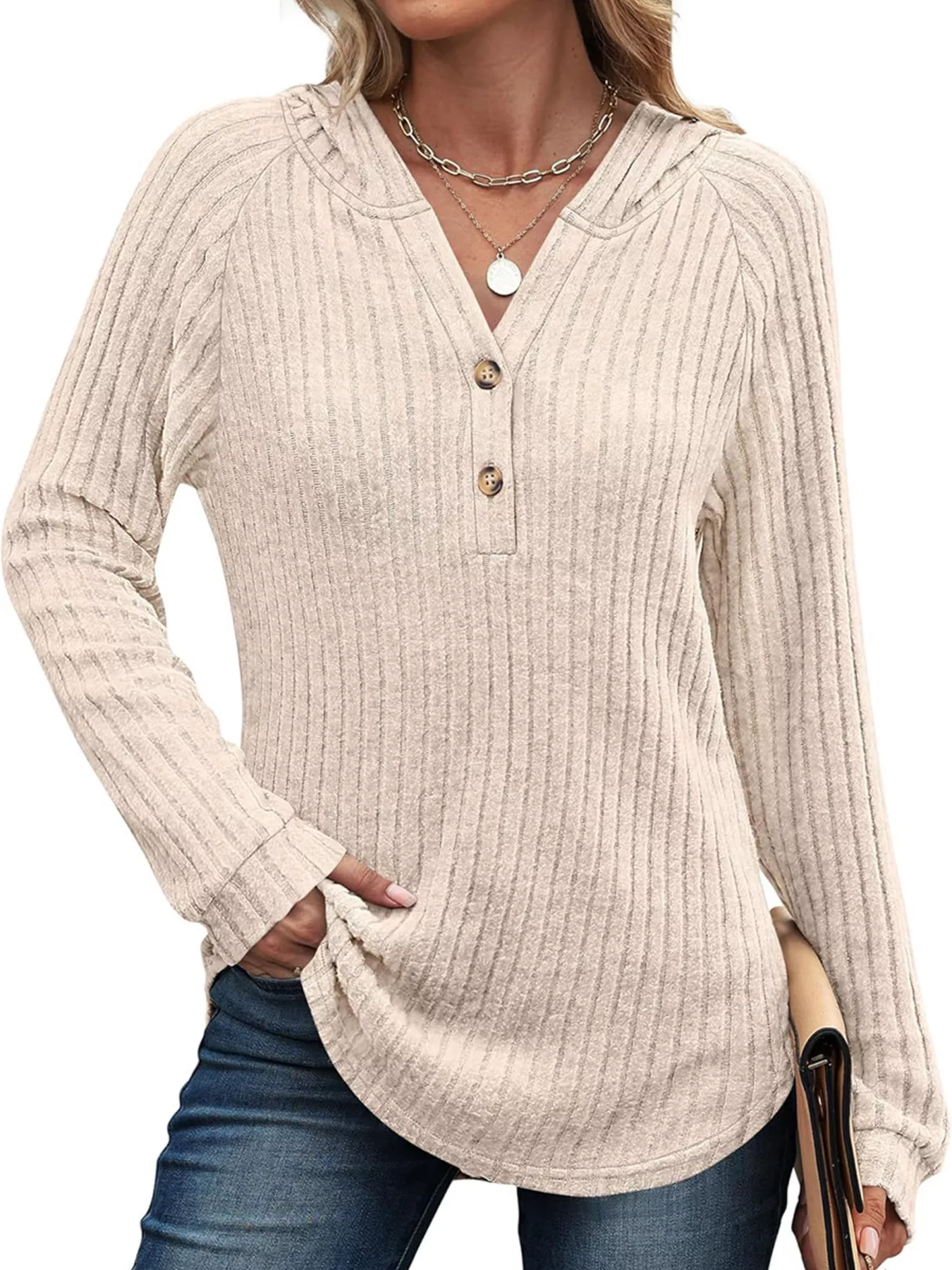 Full Size Ribbed Knit Button Detail Hooded Top Plus Size - Image 9