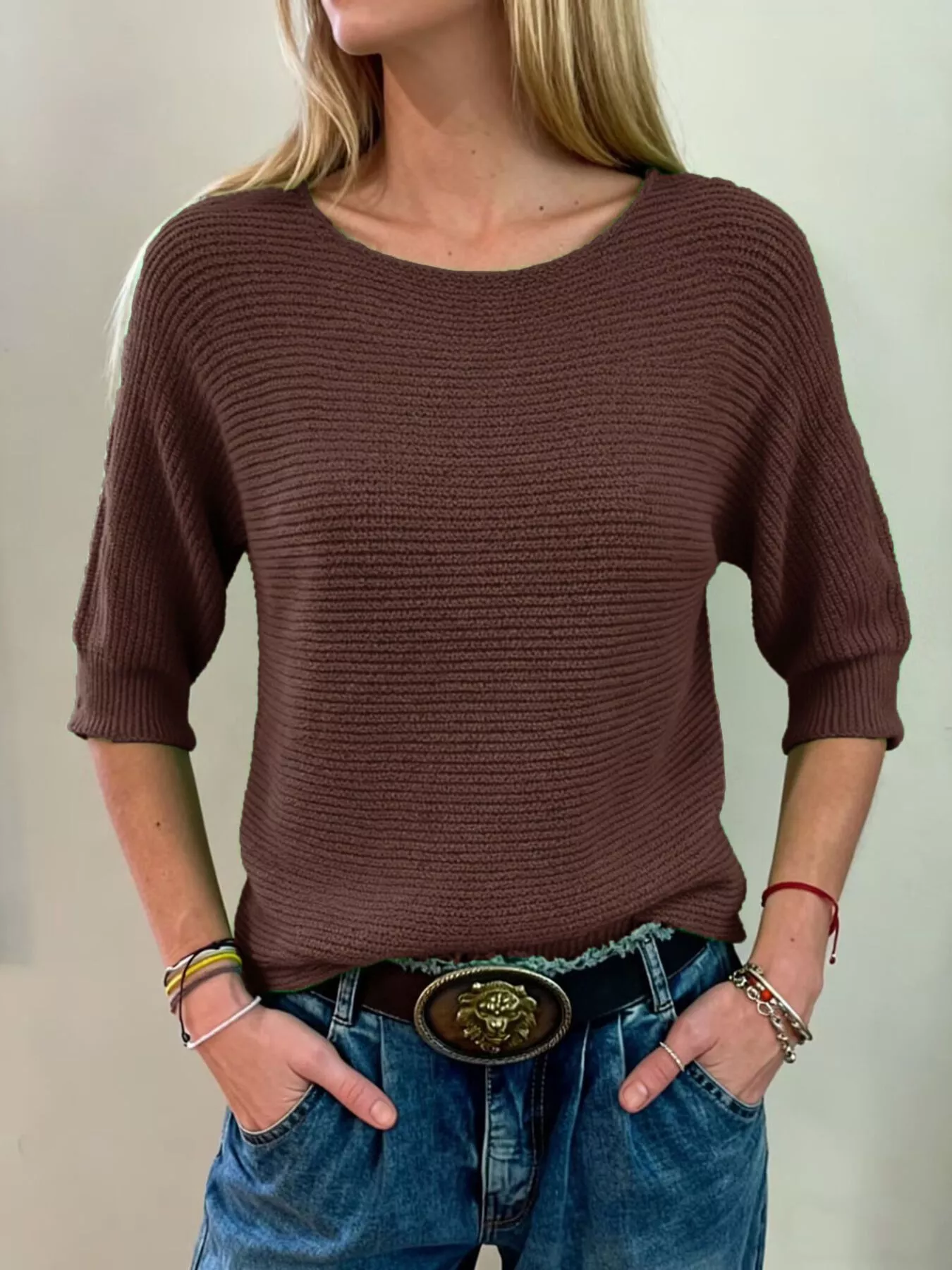 Full Size Ribbed Knit Round Neck Sweater Plus Size - Image 17