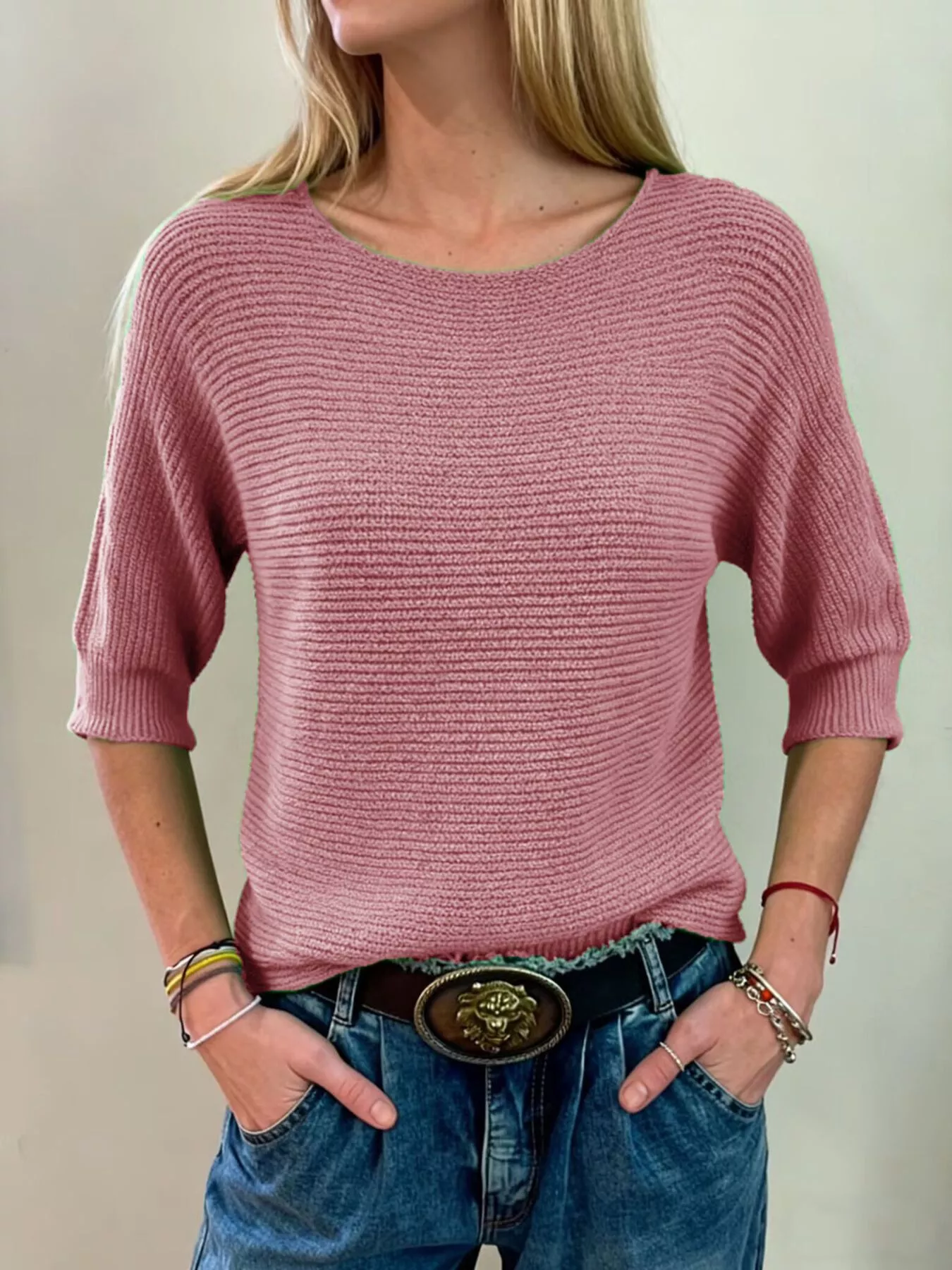 Full Size Ribbed Knit Round Neck Sweater Plus Size - Image 21