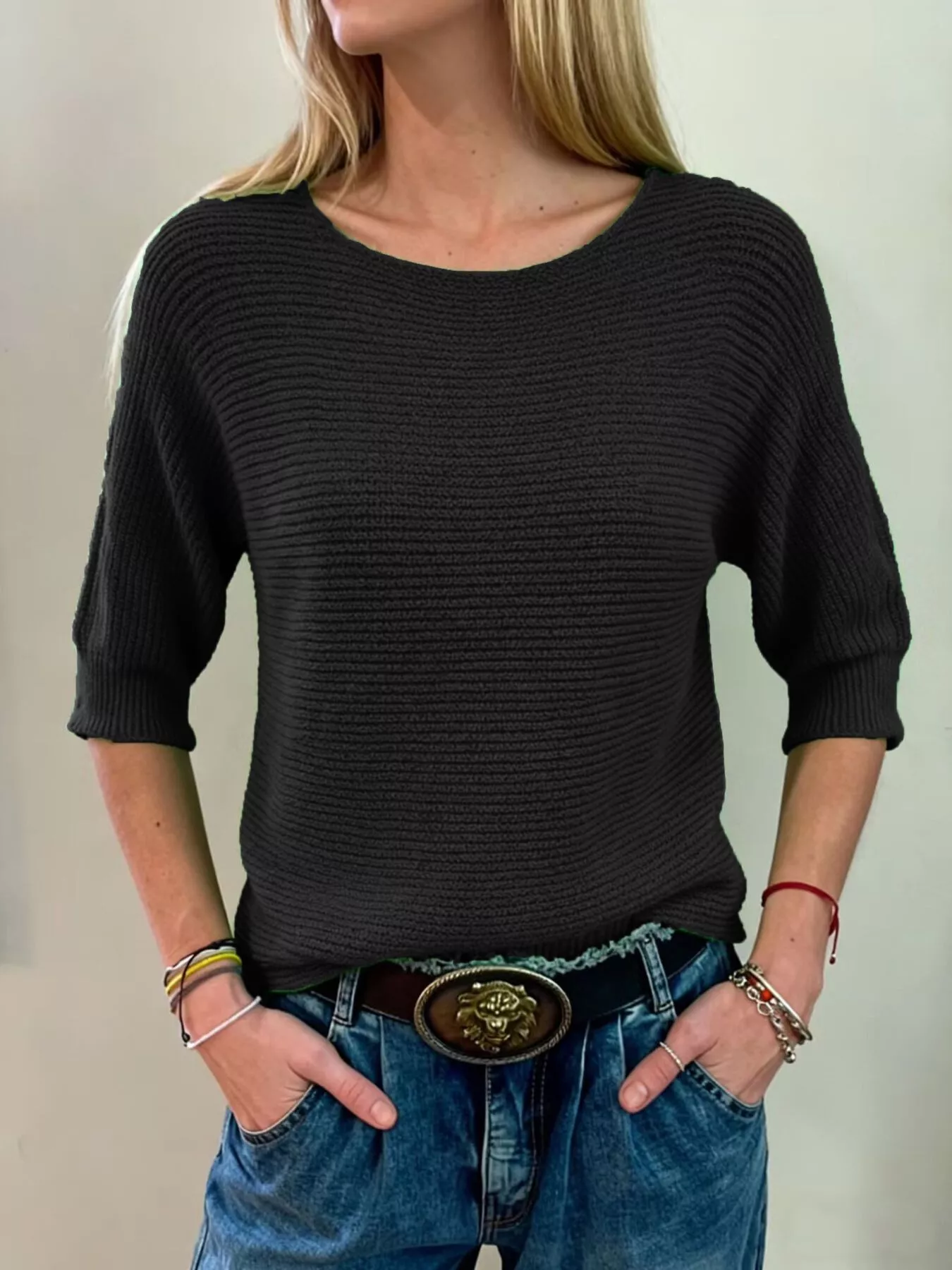 Full Size Ribbed Knit Round Neck Sweater Plus Size - Image 3