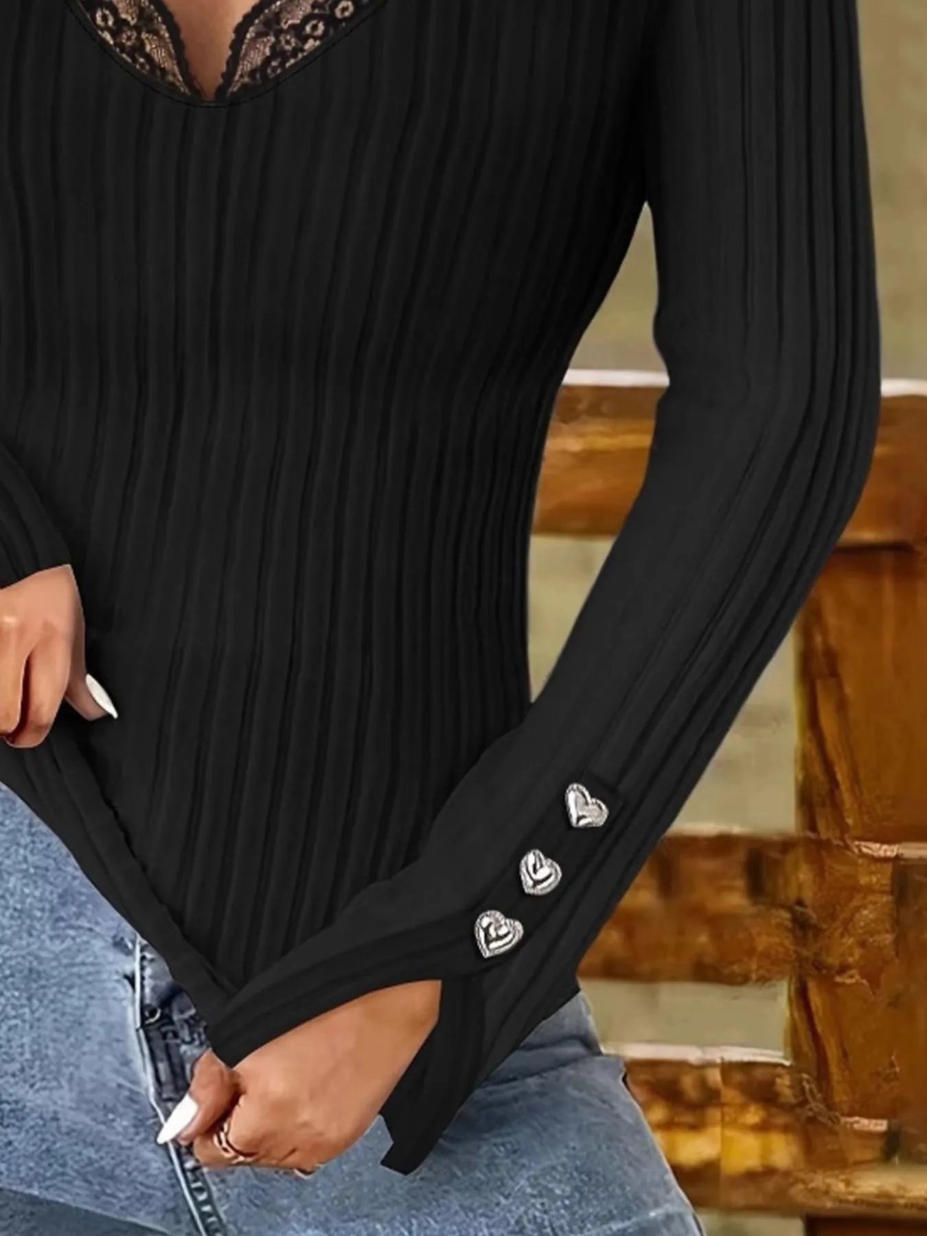 Full Size Ribbed V-Neck Lace Trim Long Sleeve T-Shirt Plus Size - Image 6