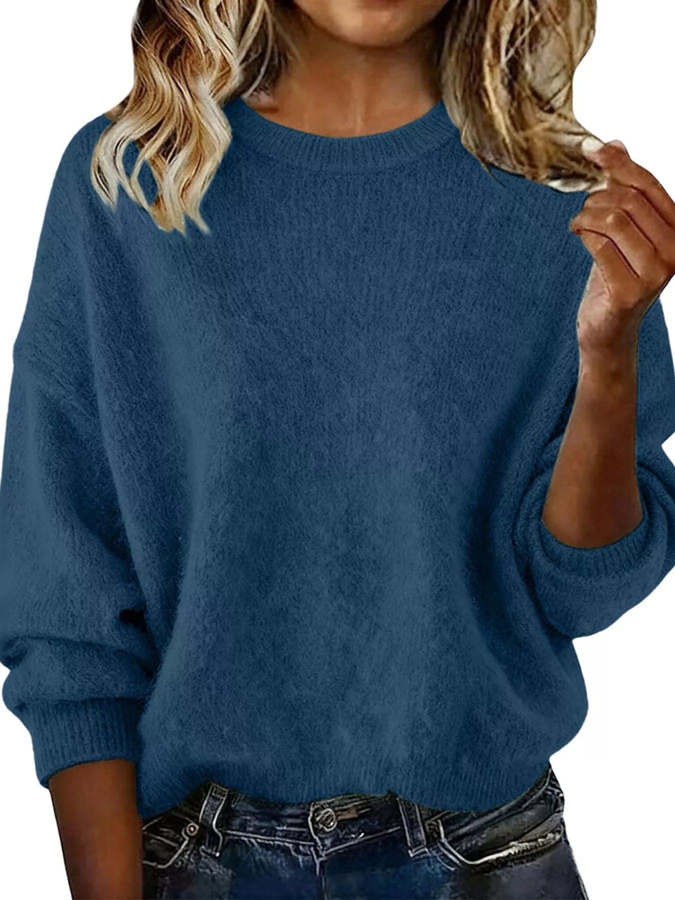 Full Size Round Neck Dropped Shoulder Sweater Plus Size - Image 21