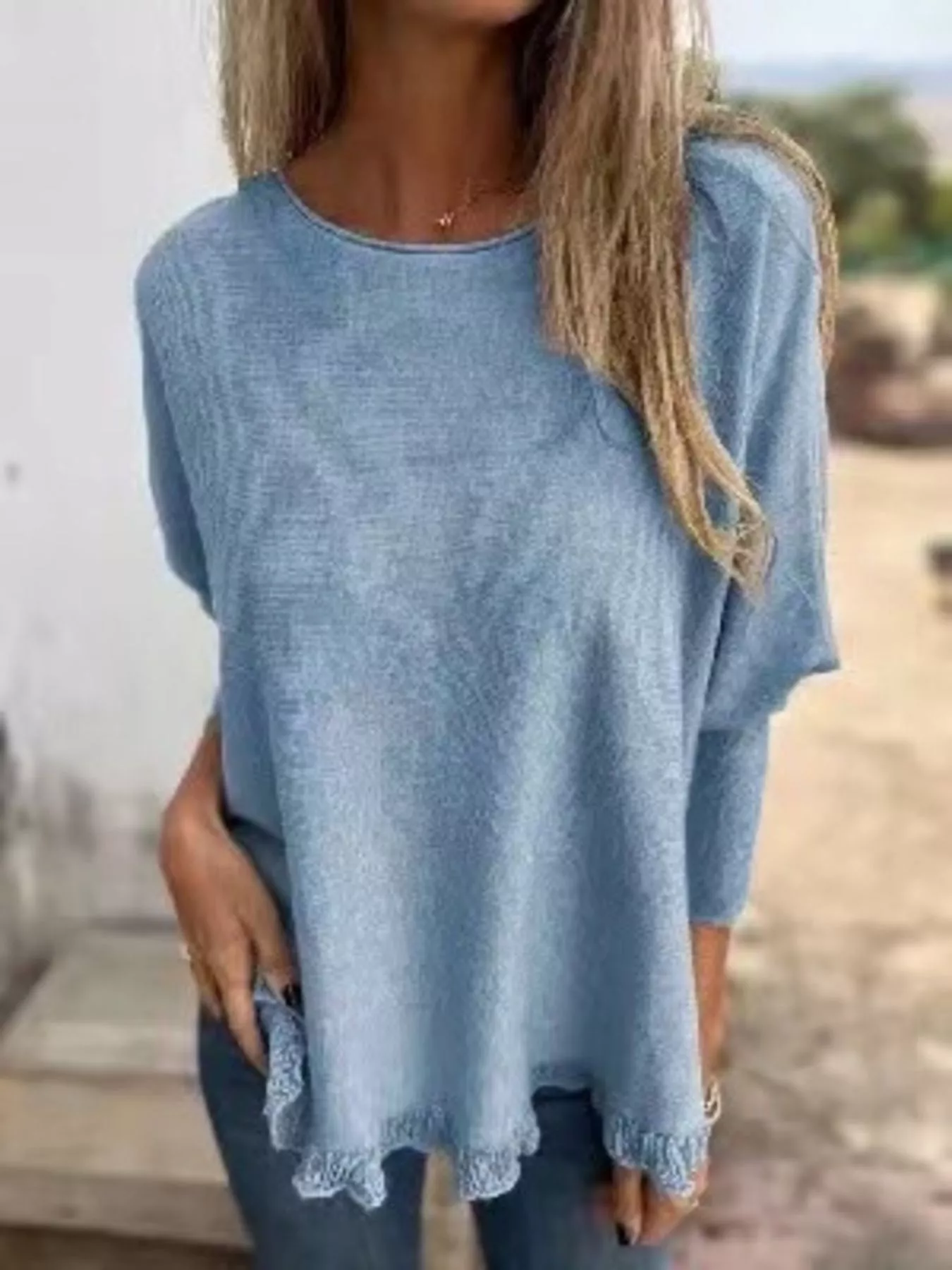 Full Size Round Neck Long Sleeve Knit Top with Lace Trim Plus Size - Image 16